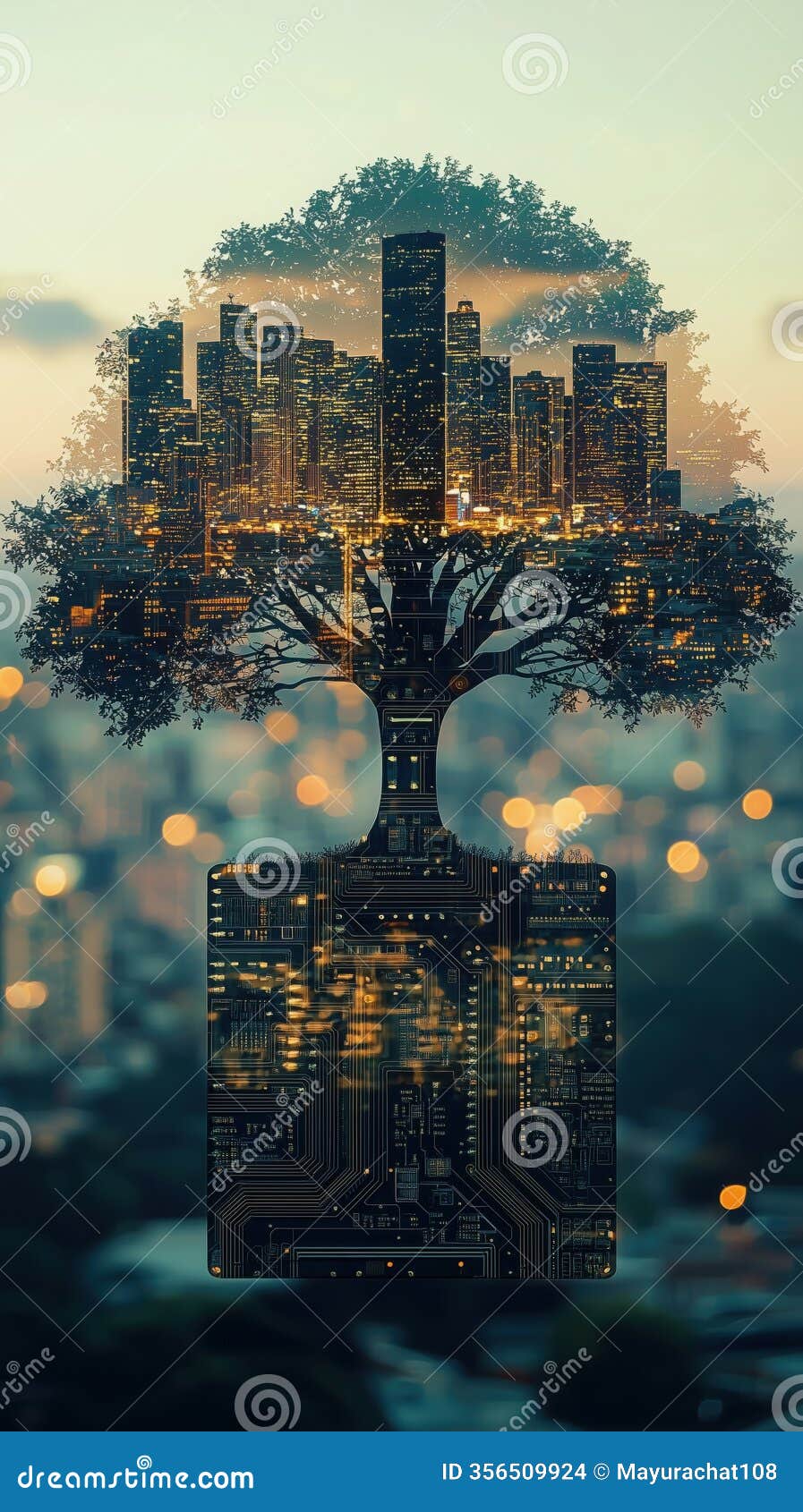 double exposure effect of a circuit board tree - futuristic digital nature art, circuit board tree , and tech nature fusion