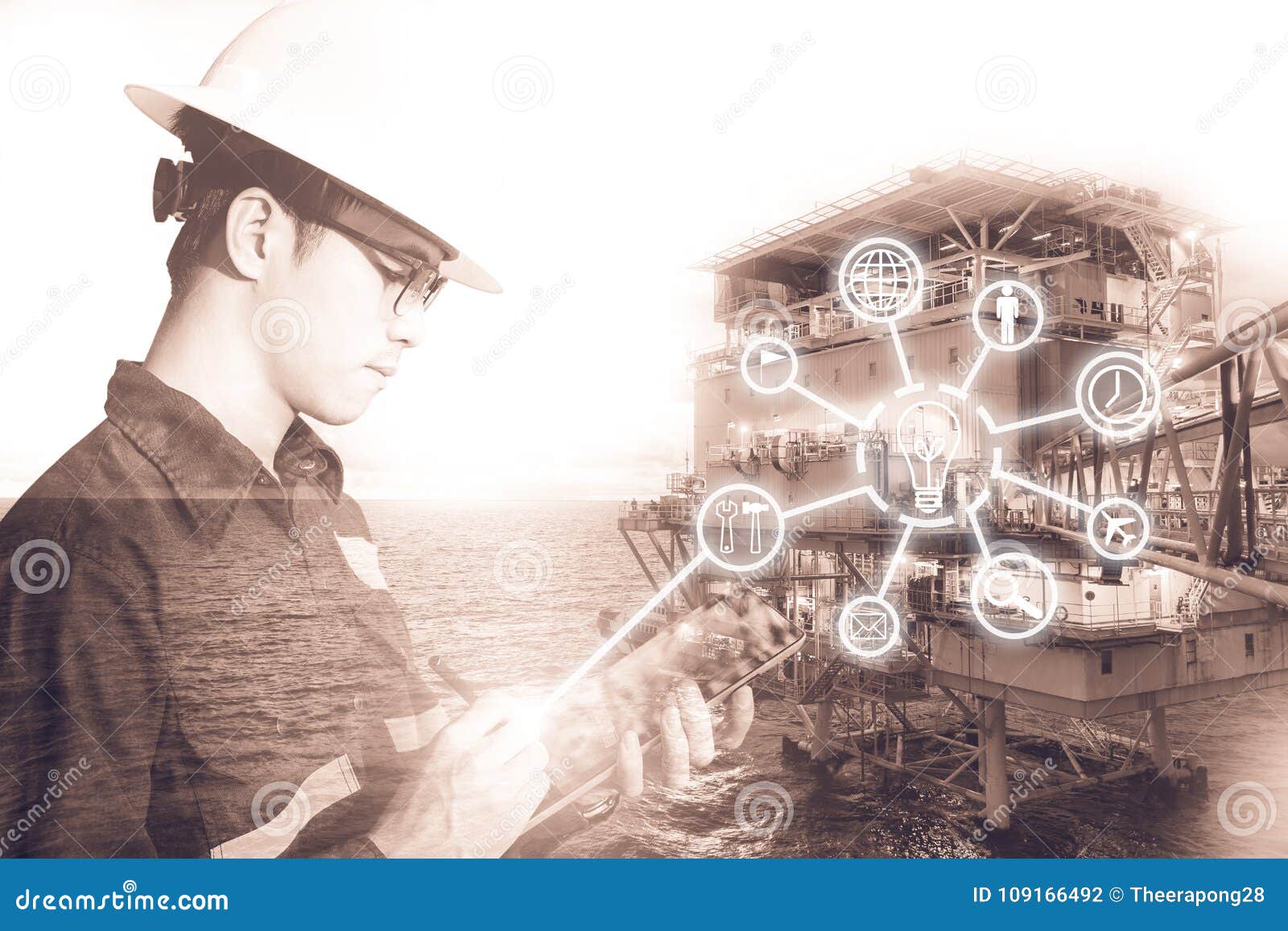 double exposure of engineer or technician man with digital icon