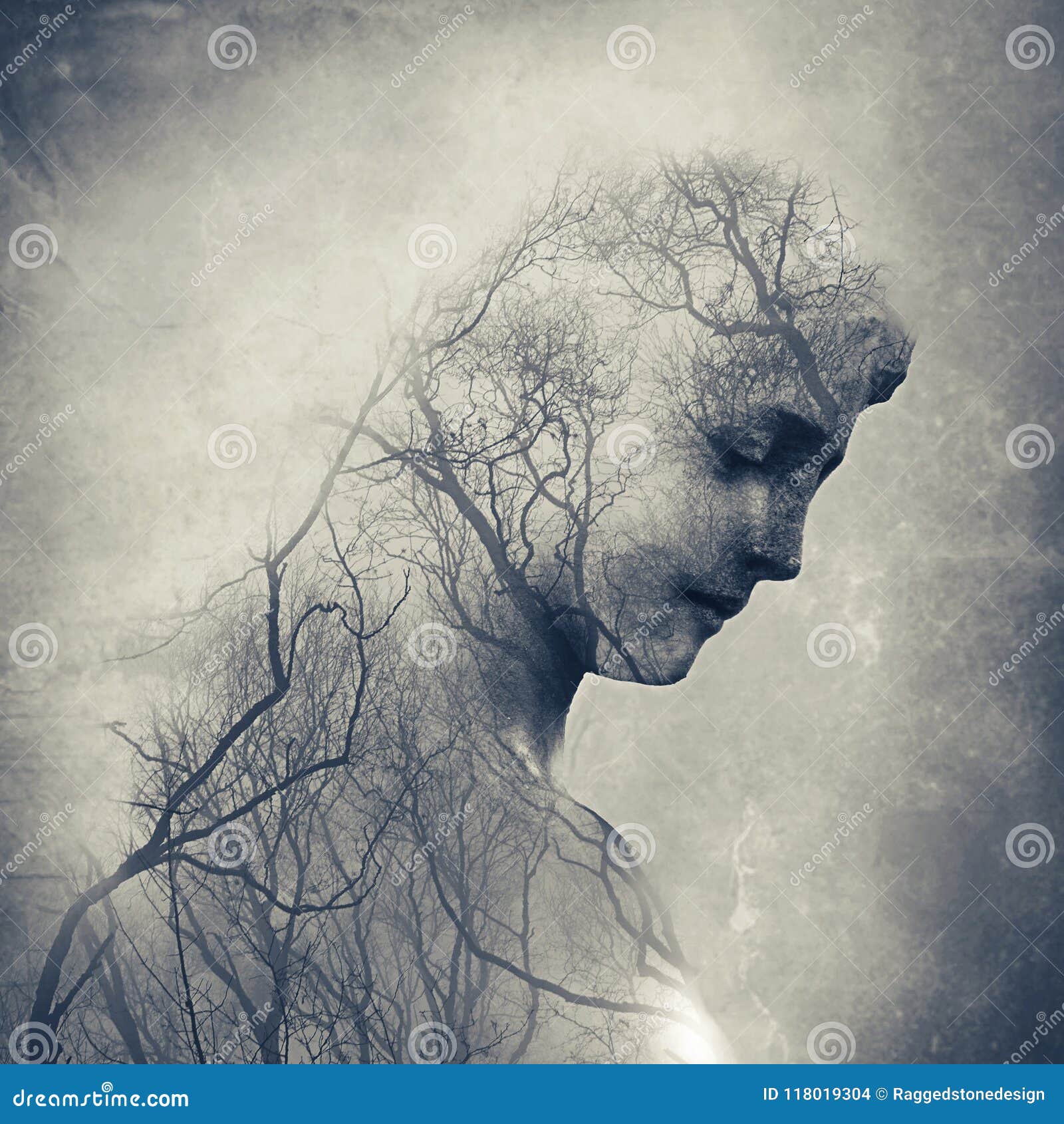 Double Exposure of a Graveyard Angel with Winter Tree Branches Covering ...