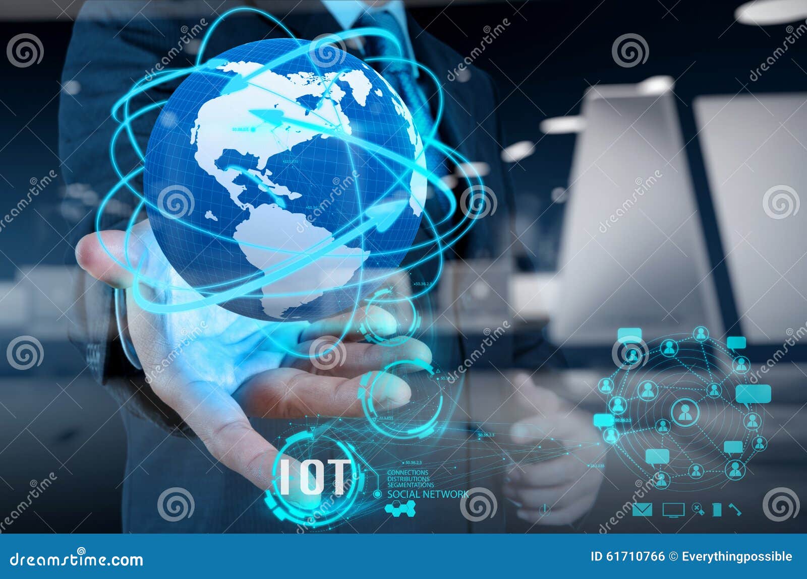 double exposure of hand showing internet of things (iot)