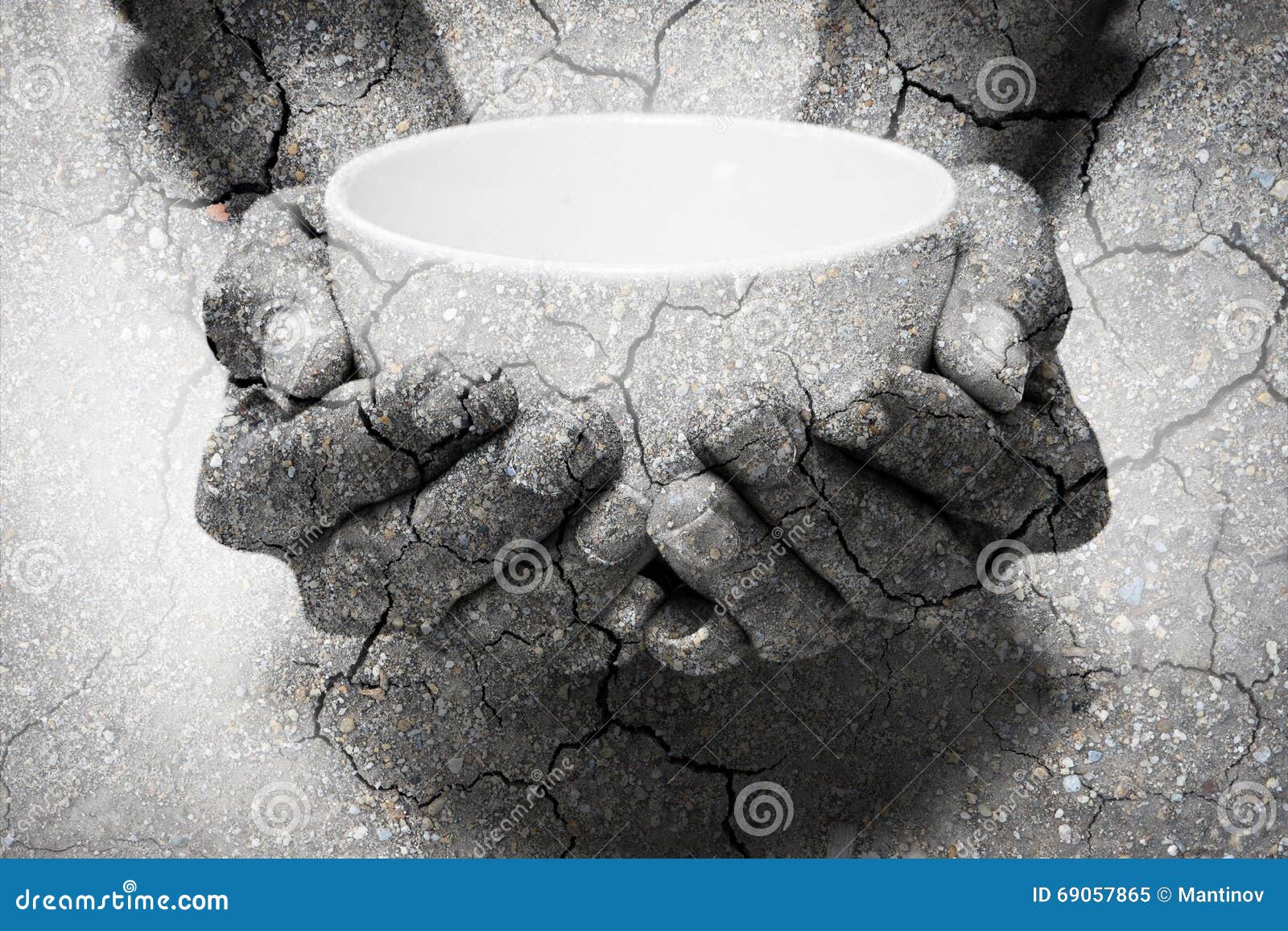 double exposure hunger begging hands and dry soil