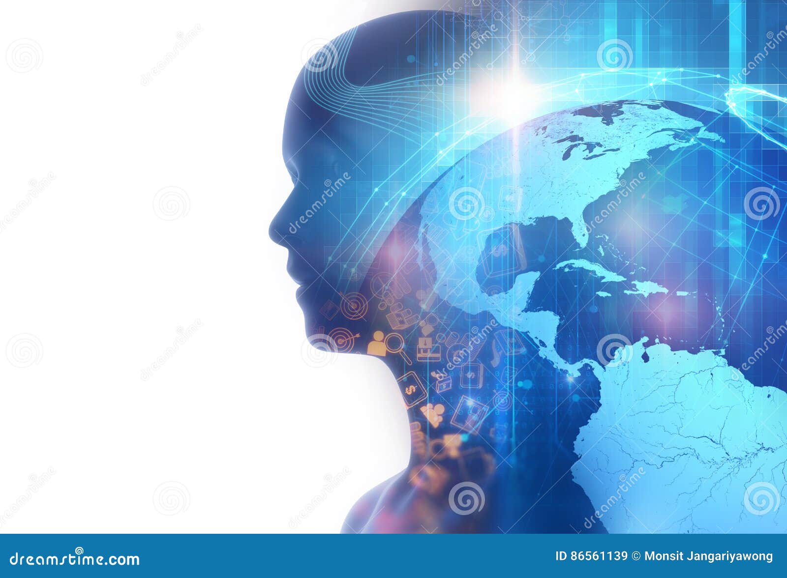 Double Exposure Image of Virtual Human on World Map Stock Illustration ...