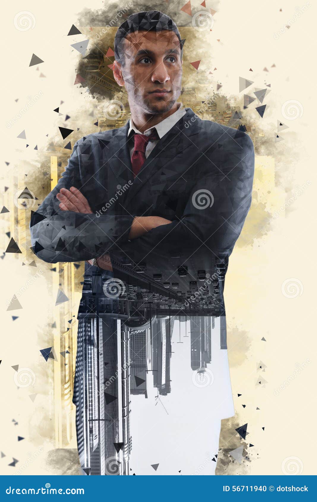 Double exposure with low poly design of businessman and future city