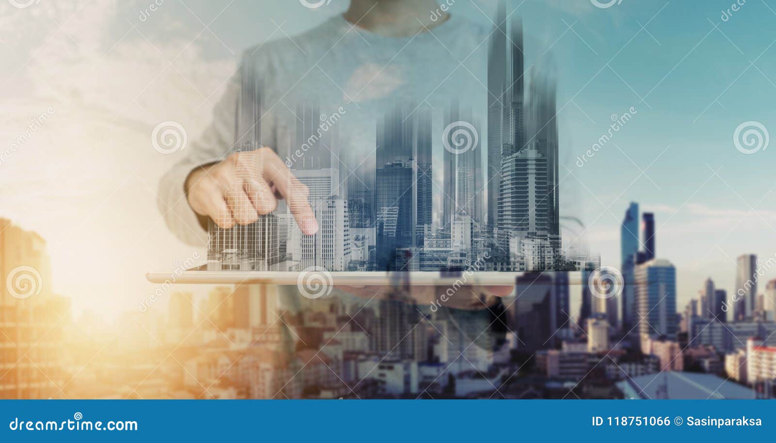 double exposure, a man using digital tablet, and modern buildings hologram. real estate business and building technology concept
