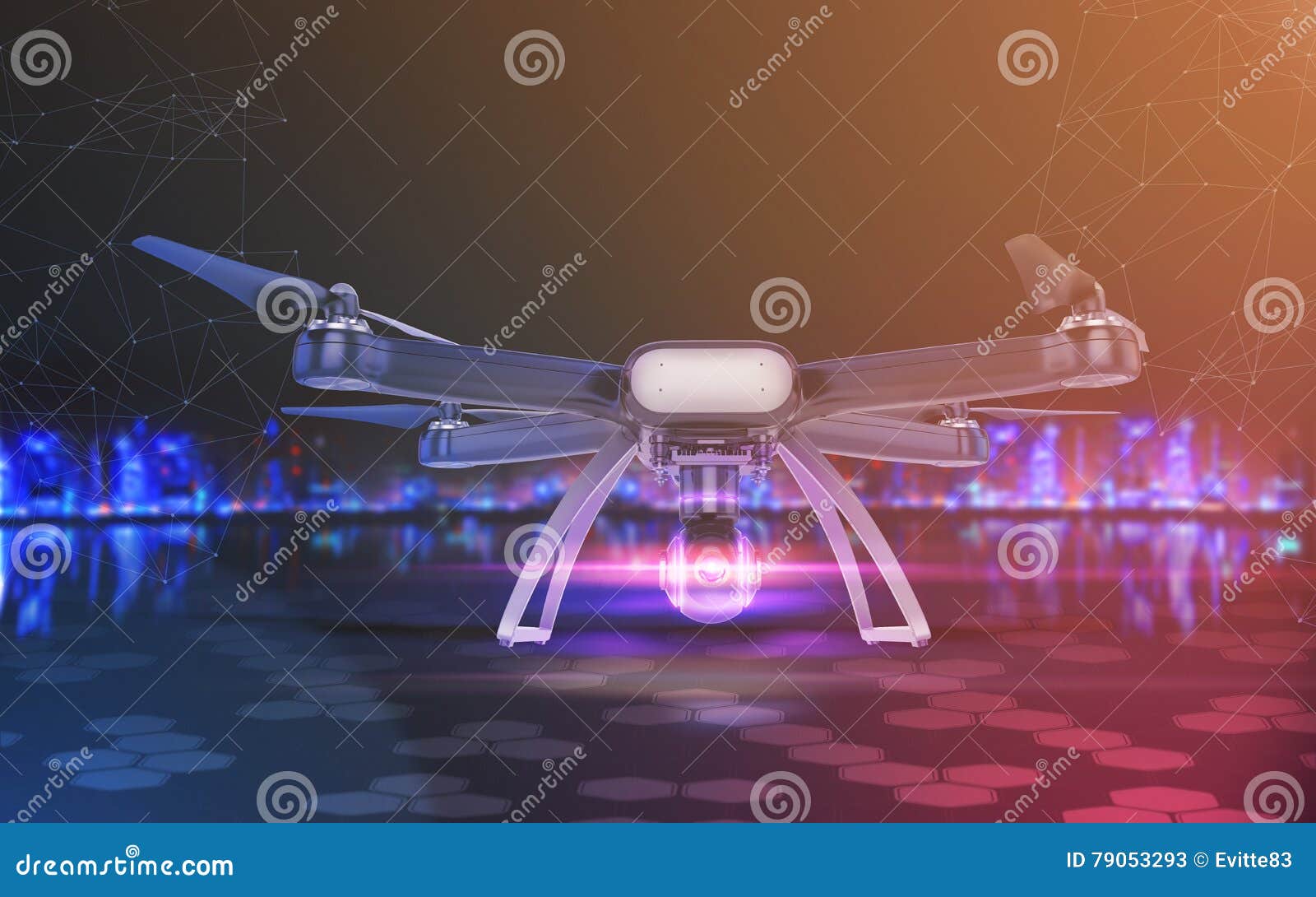 Double Exposure, Modern Remote Control Air Drone Flying with Action Camera. on Black Background