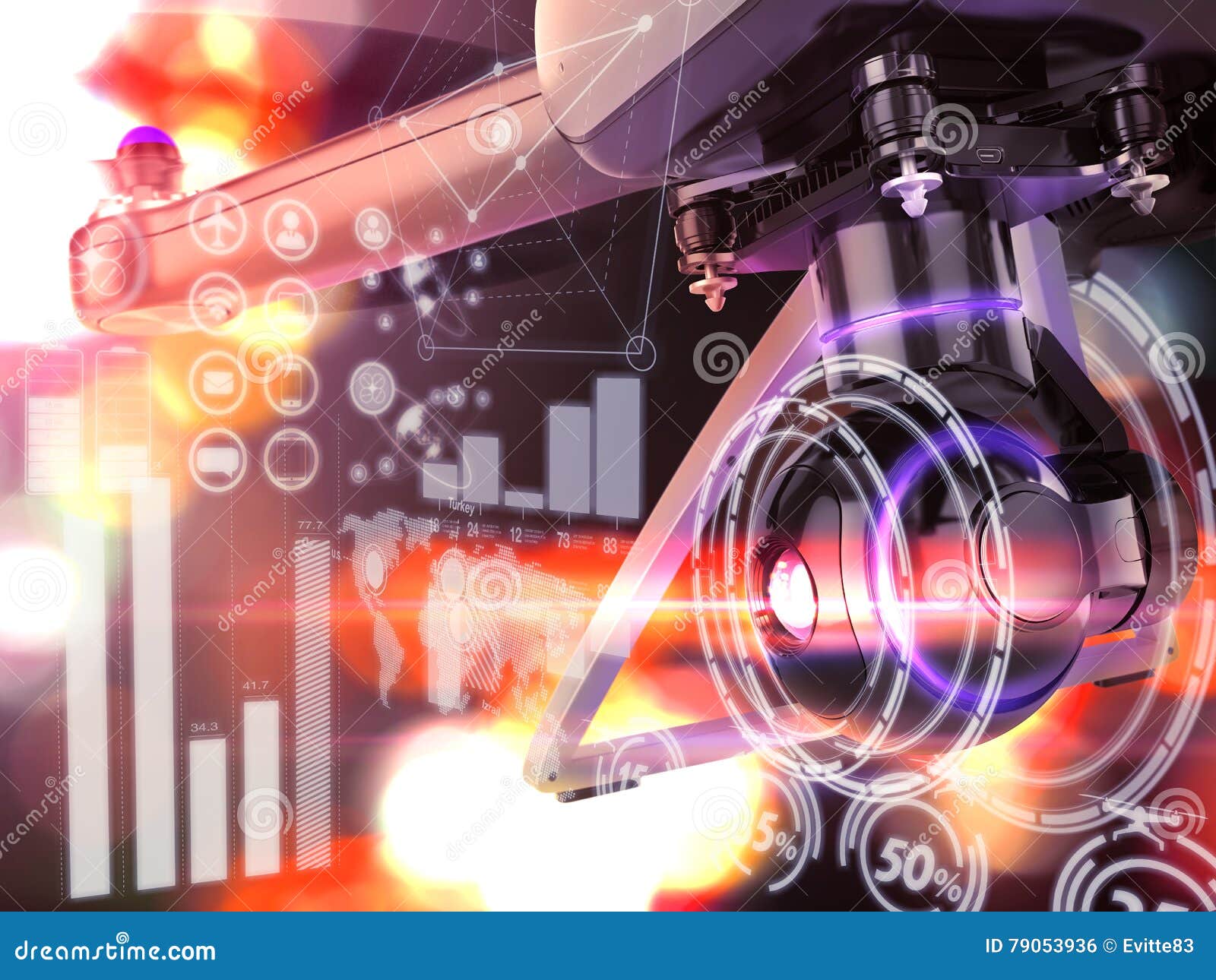 Double Exposure, Modern Remote Control Air Drone Flying with Action Camera. on Black Background