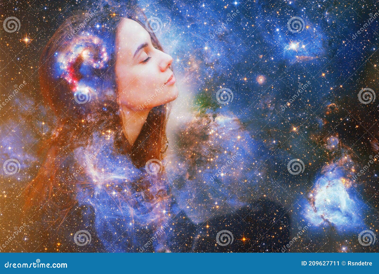 double exposure portrait of a young woman close eye face with galaxy space inside head. human inner peace, star light fire, life