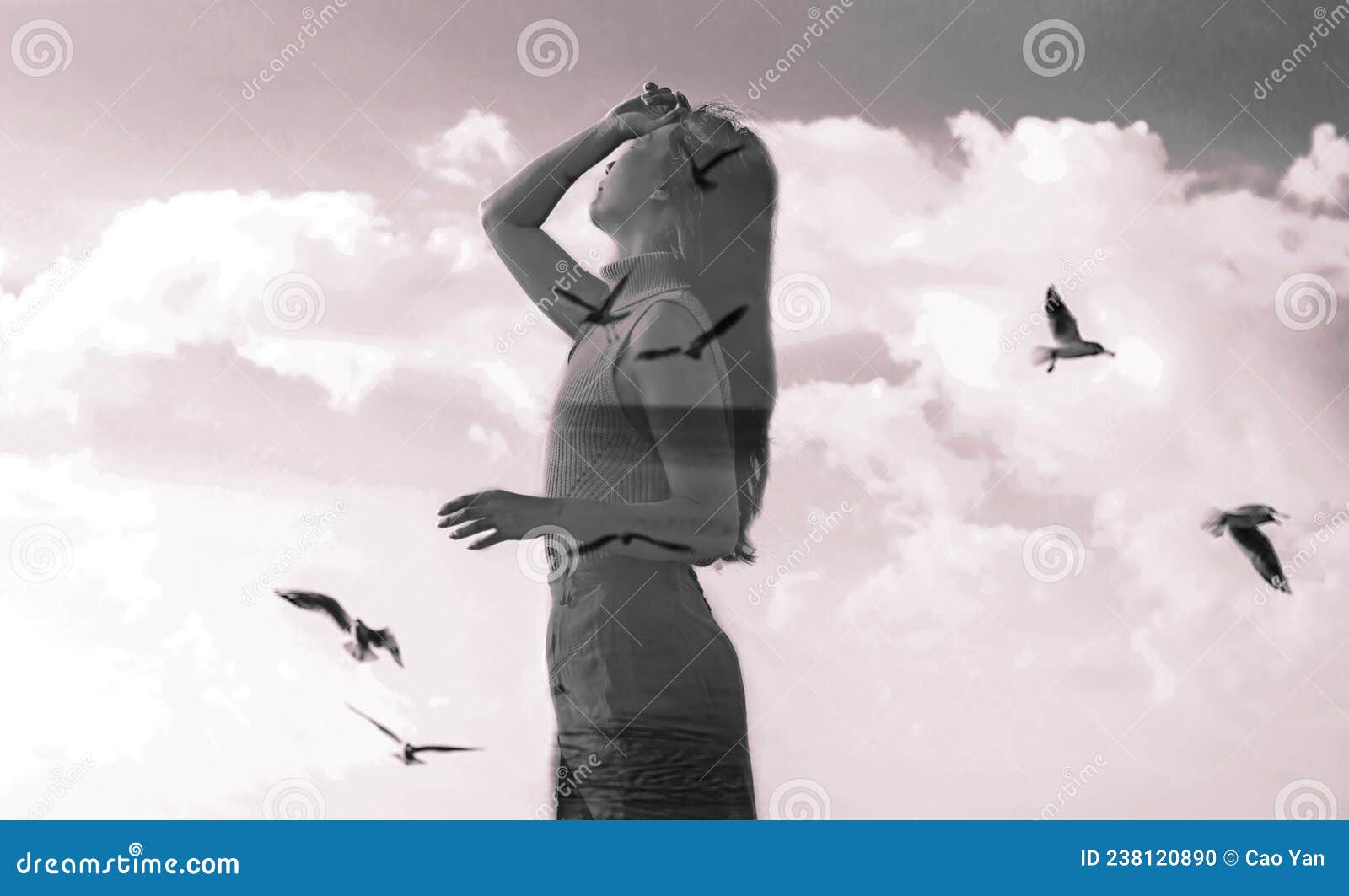 Double Exposure Portrait of a Young Woman Combined with Photograph of  Flying Bird in Sunset Reflecting in Ocean. Stock Photo - Image of  creativity, environment: 238120890