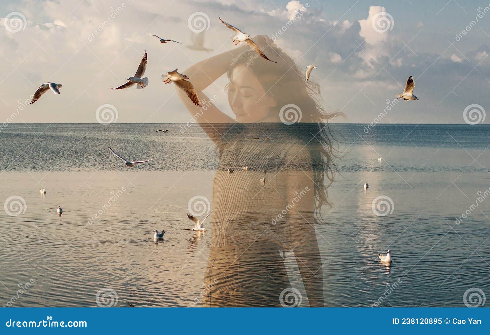 Double Exposure Portrait of a Young Woman Combined with Photograph of  Flying Bird in Sunset Reflecting in Ocean. Stock Image - Image of double,  inspiration: 238120895