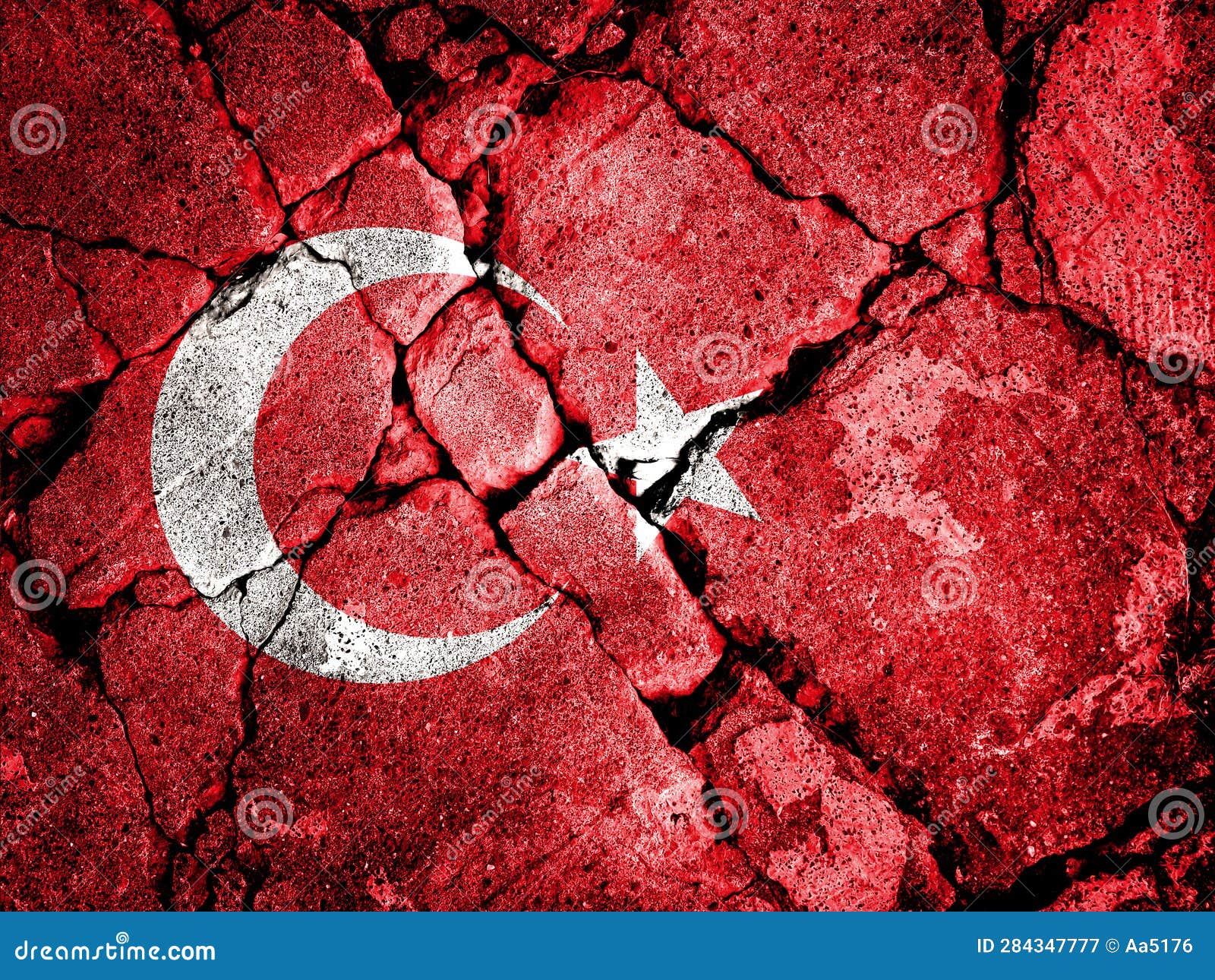double exposure of the turkish flag with cracks in the grave