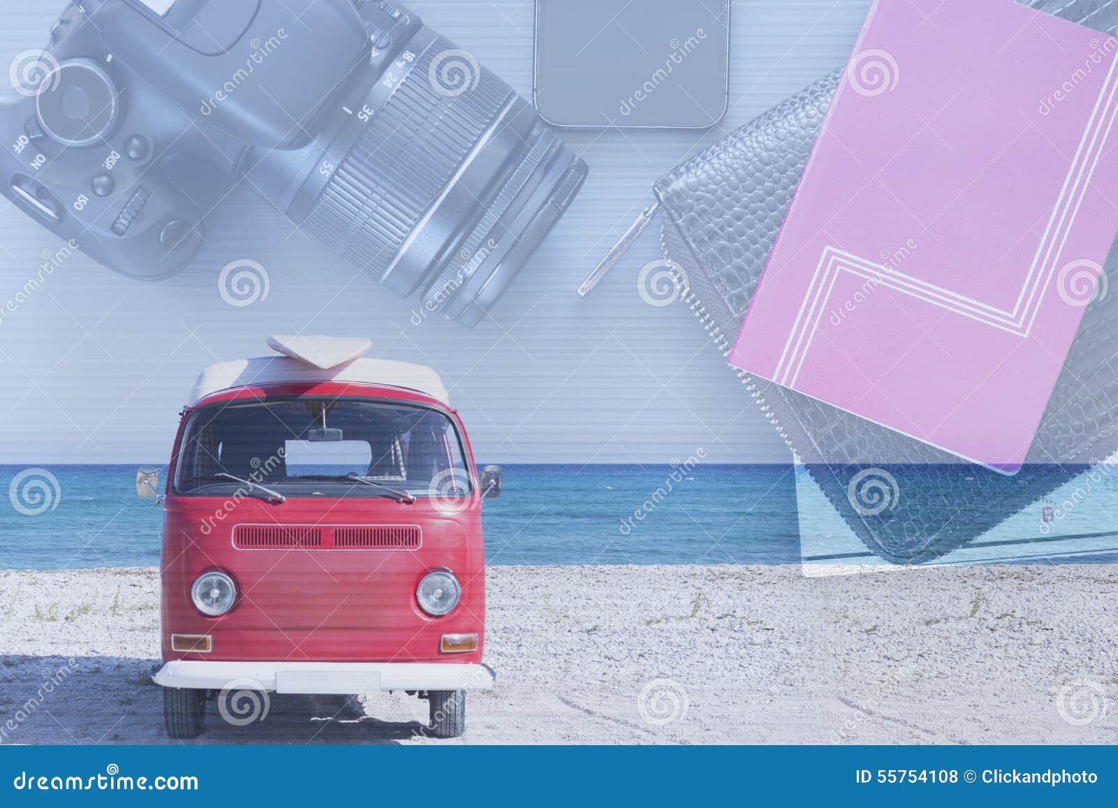 Double Exposure Van On A Beach And A Travel Desktop Stock Photo Image Of Digital Stuff