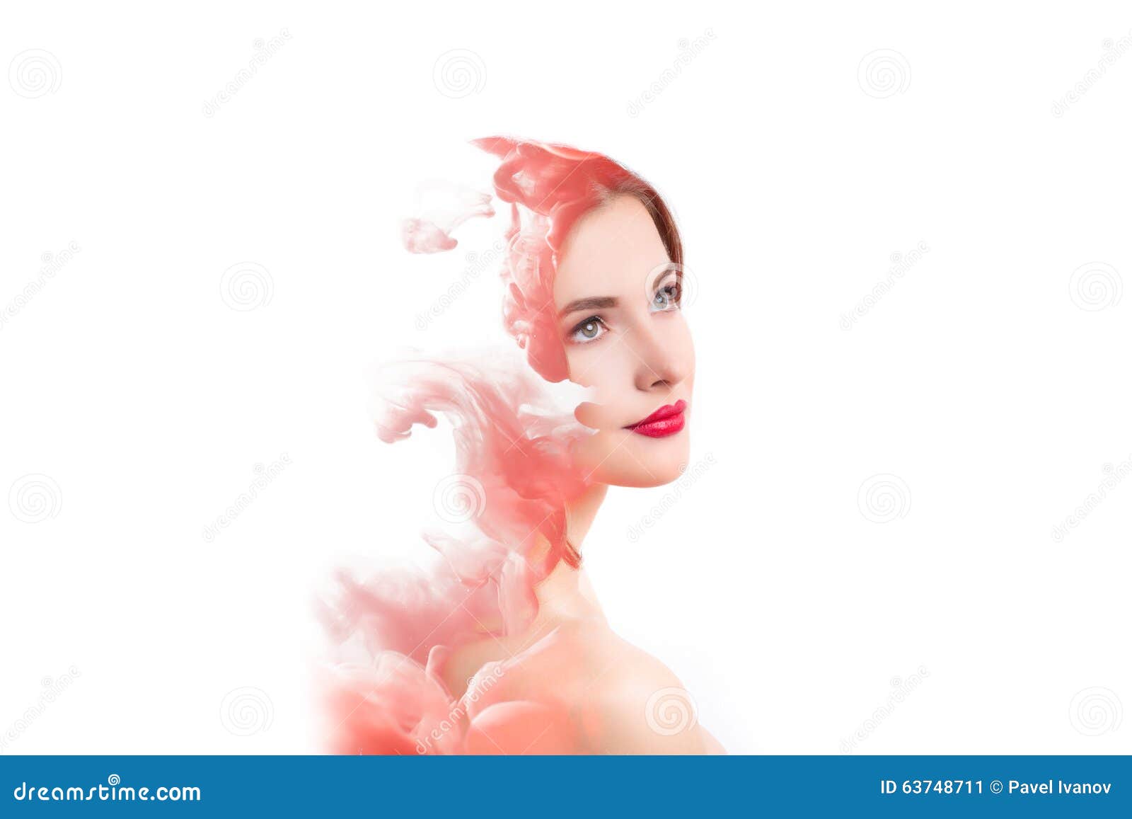 double exposure woman and cloud of red smoke.