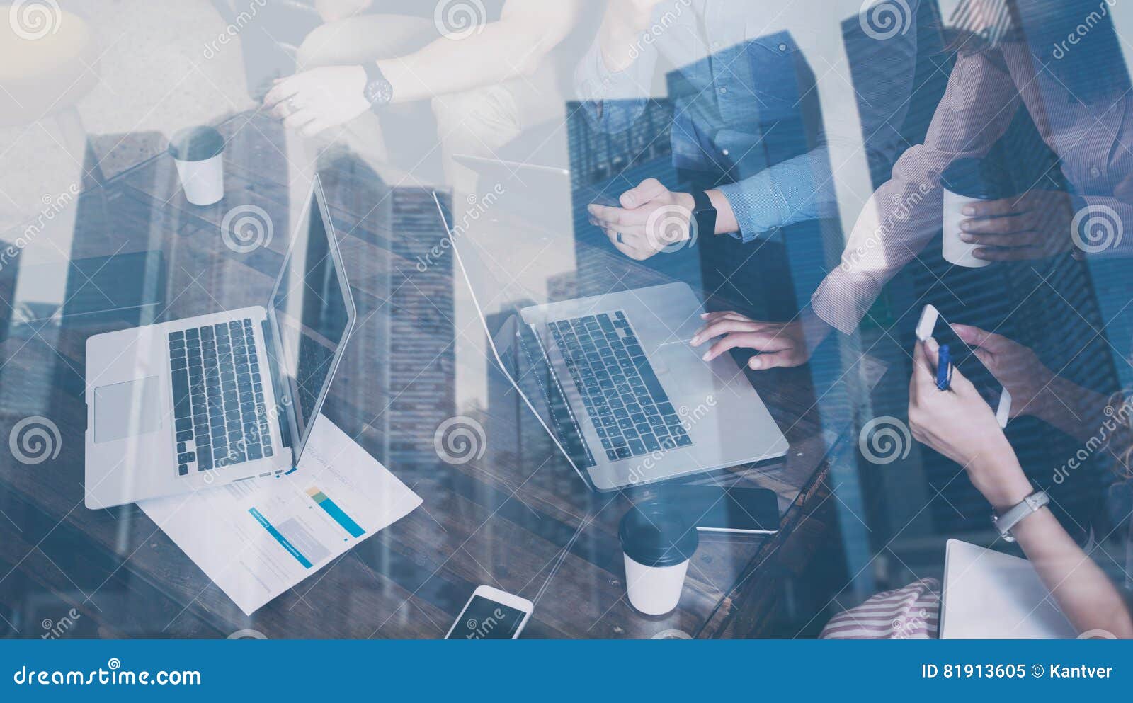 double exposure of young coworkers working together on new startup project in modern office.business people using mobile