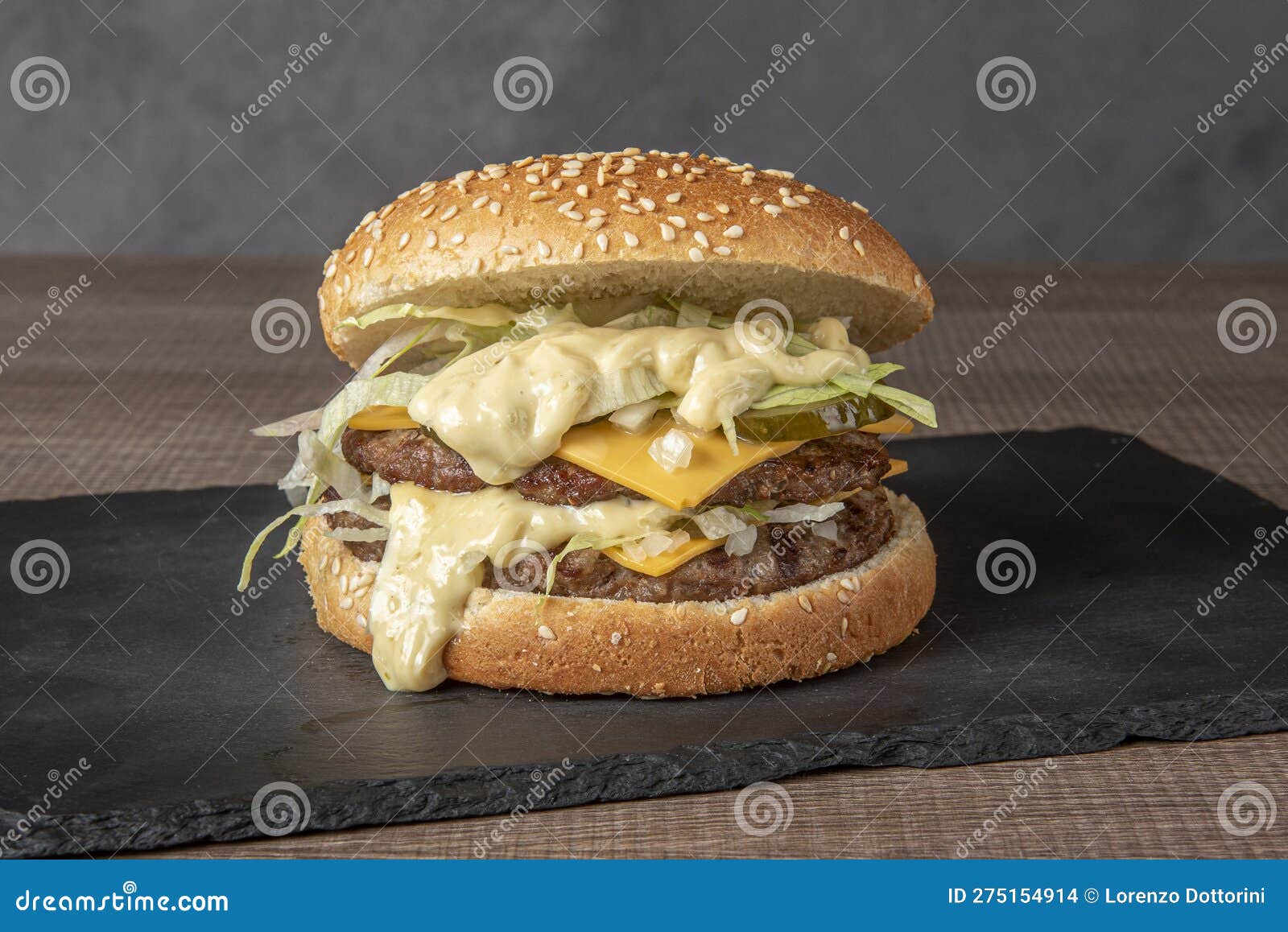 double hamburger with beef  in natural light