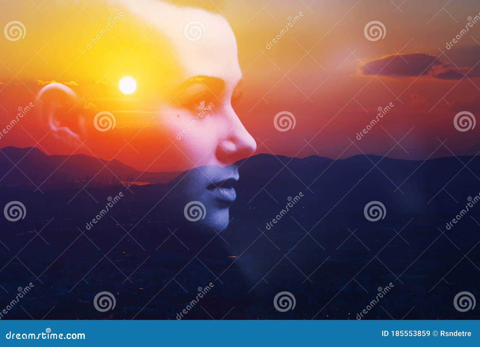 psychology power of mind, human spirit, mental health, zen concept. double exposure abstract portrait woman face silhouette sunset