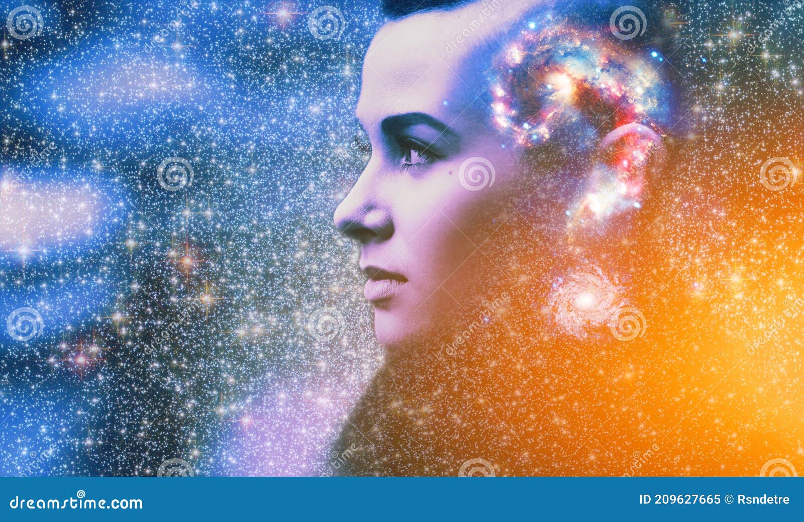 double multiply exposure abstract portrait of young woman face with galaxy universe space inside head. human mind spirit, ai brain