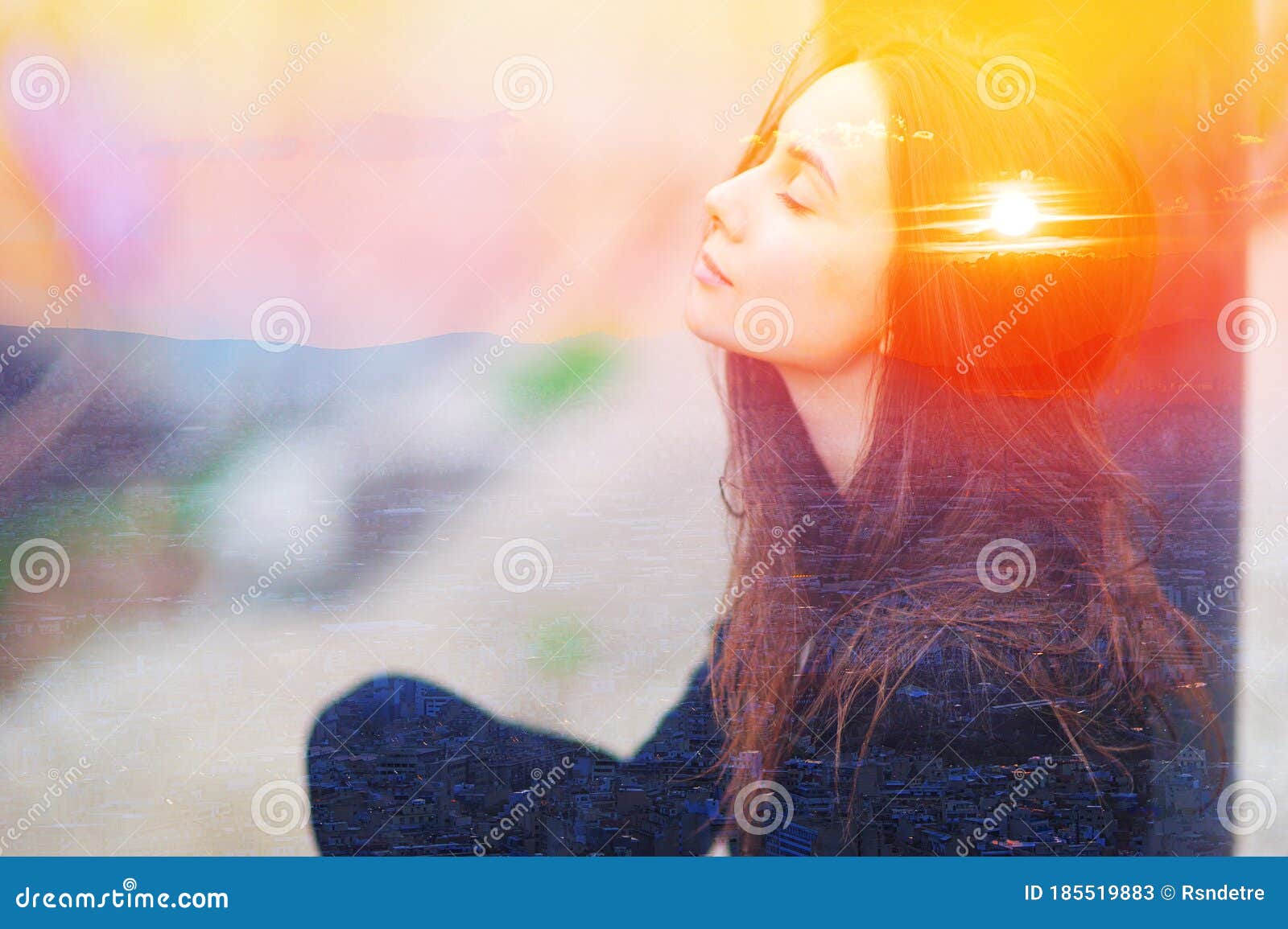 double multiply exposure portrait of a dreamy cute woman meditating outdoors with eyes closed, combined photograph of nature,