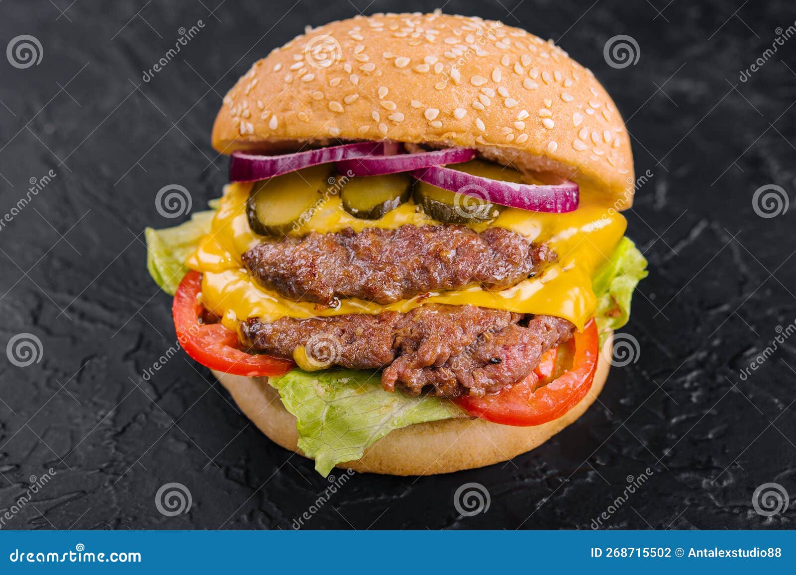 Double Patty Burger with Pickles on Black Stone Stock Photo Image of