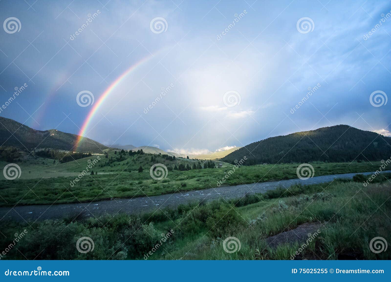double rainbow over gallatin river, montana