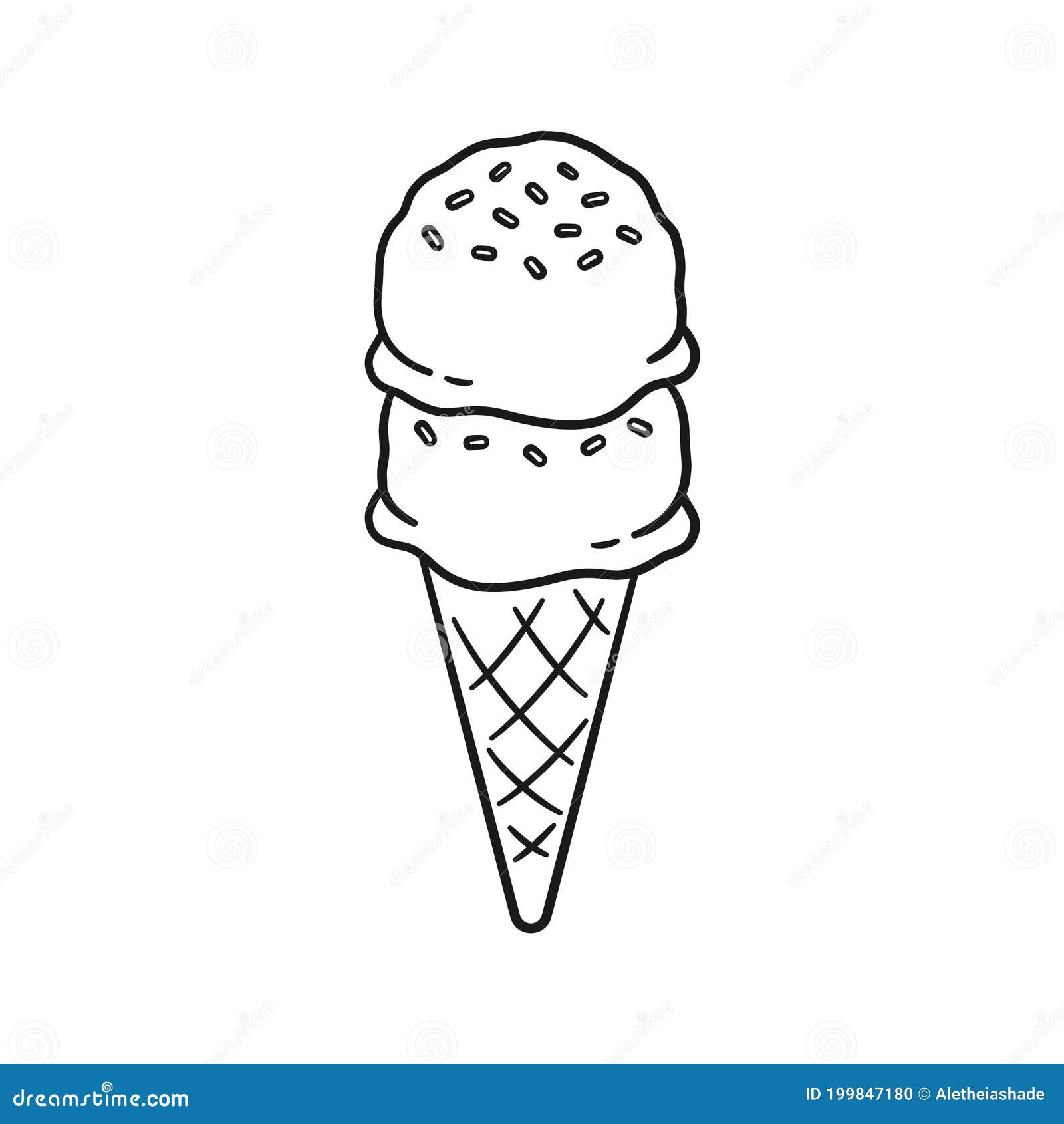 Double Scoop Ice Cream with Sprinkles on Sugar Cone Line Art