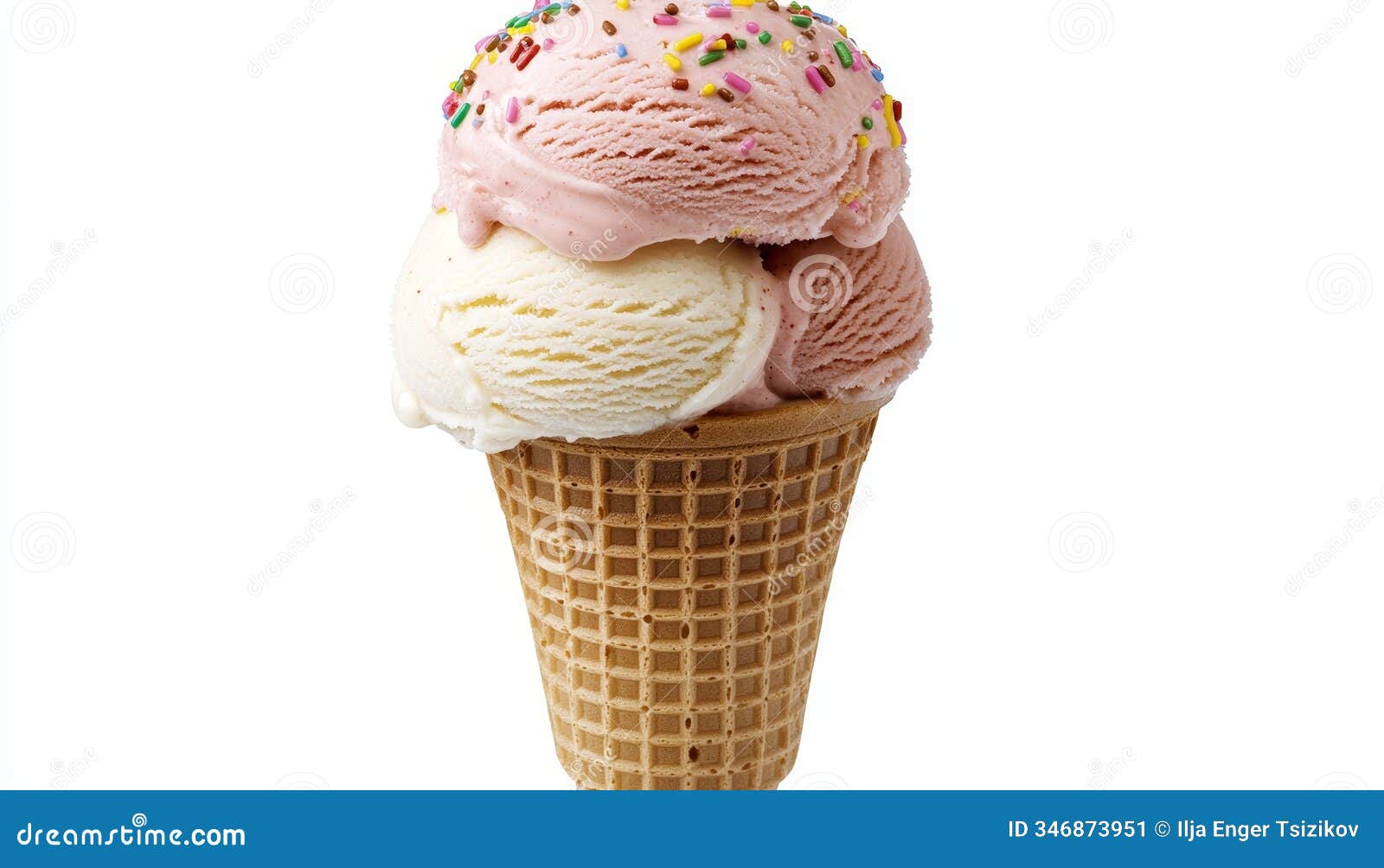 double scoop strawberry and vanilla ice cream cone with sprinkles  on white background.
