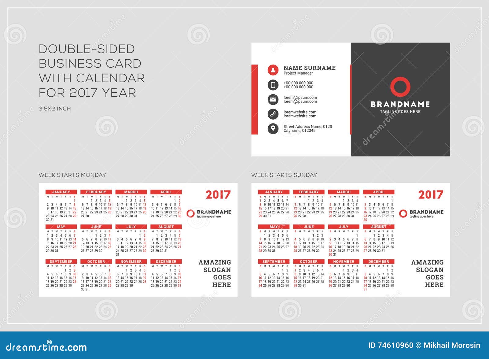 double sided business card template with calendar for 2017 year قالب کارت ویزیت دو طرفه