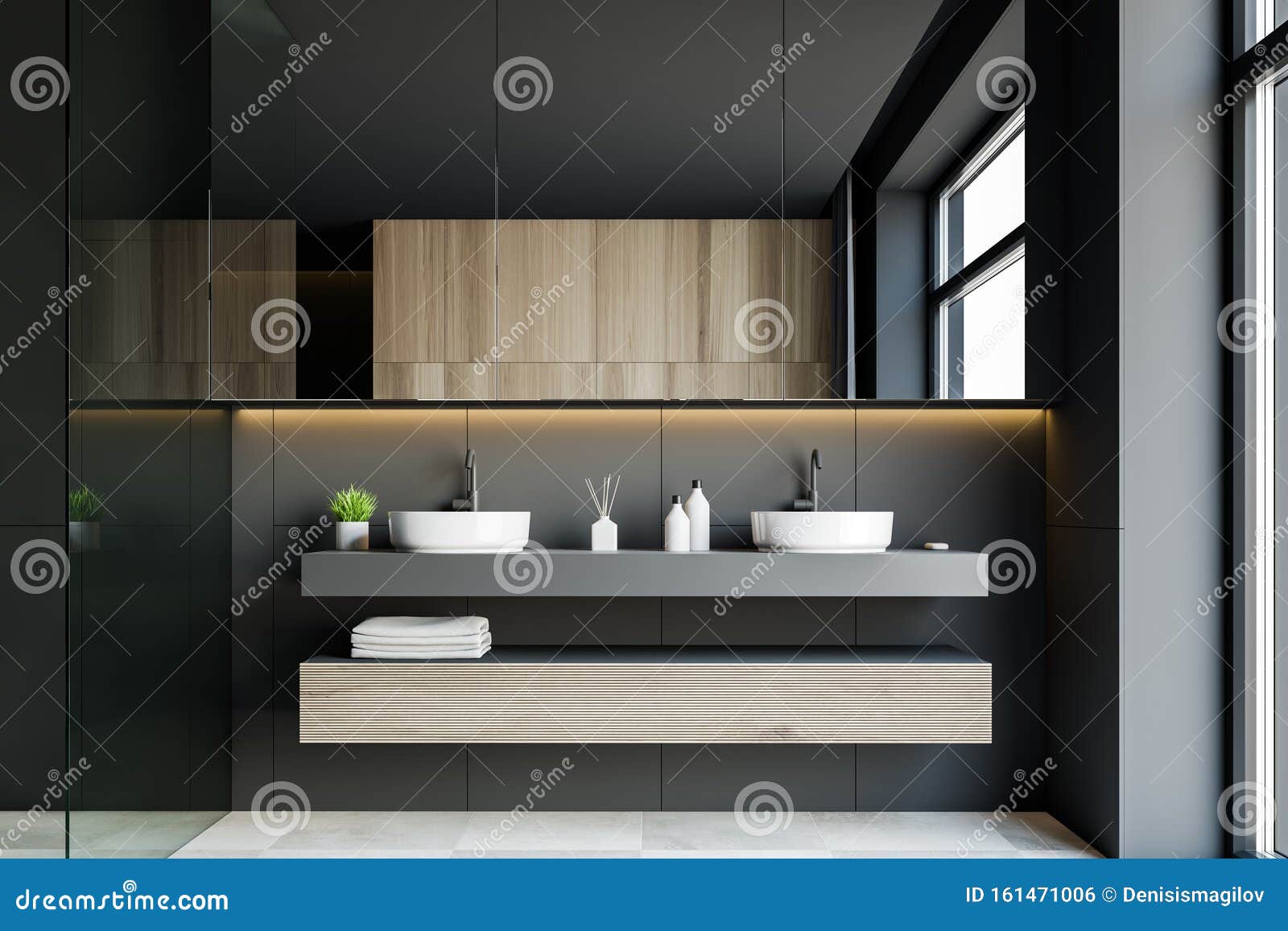 Double Sink In Dark Grey Bathroom Interior Stock Illustration