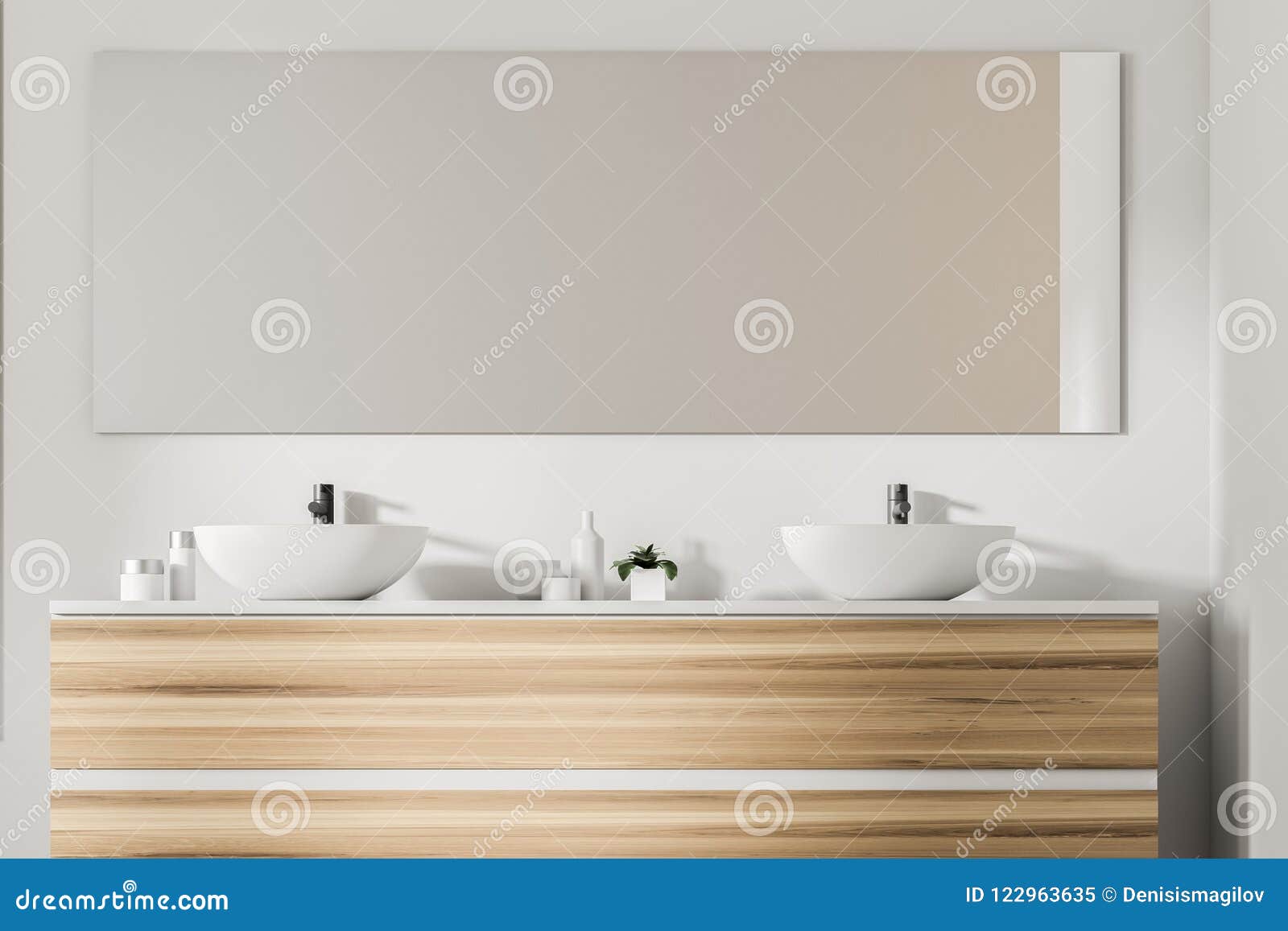 Double Sink On Wooden Shelf Mirror Stock Illustration