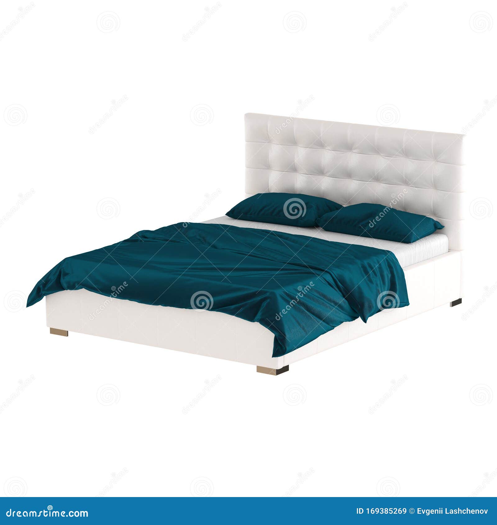 A Double White Leather Bed with a High Quilted Headboard and Dark