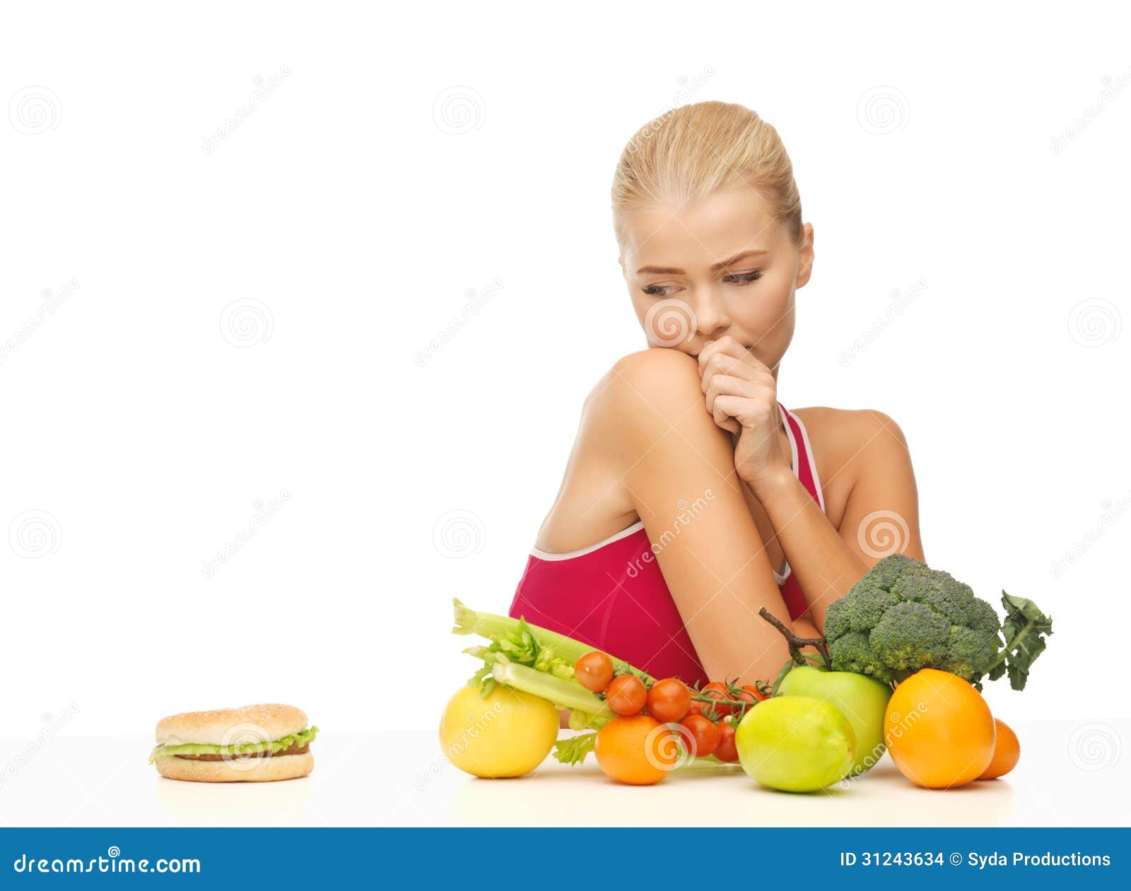 doubting woman with fruits and hamburger