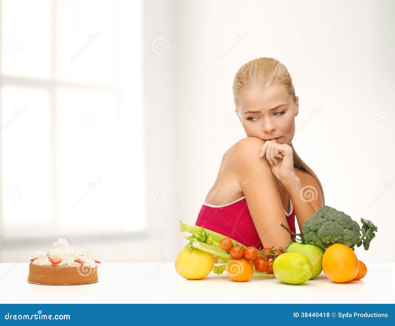 doubting woman with fruits and pie