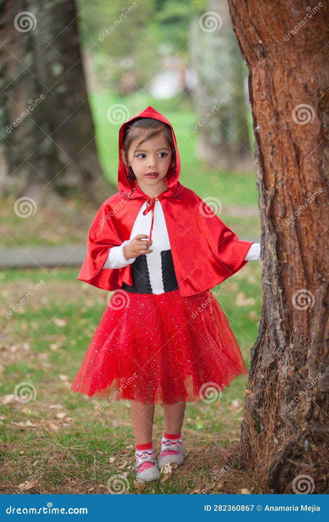 Douce Fille Portant Un Petit Costume De Cagoule Rouge. Une Vraie
