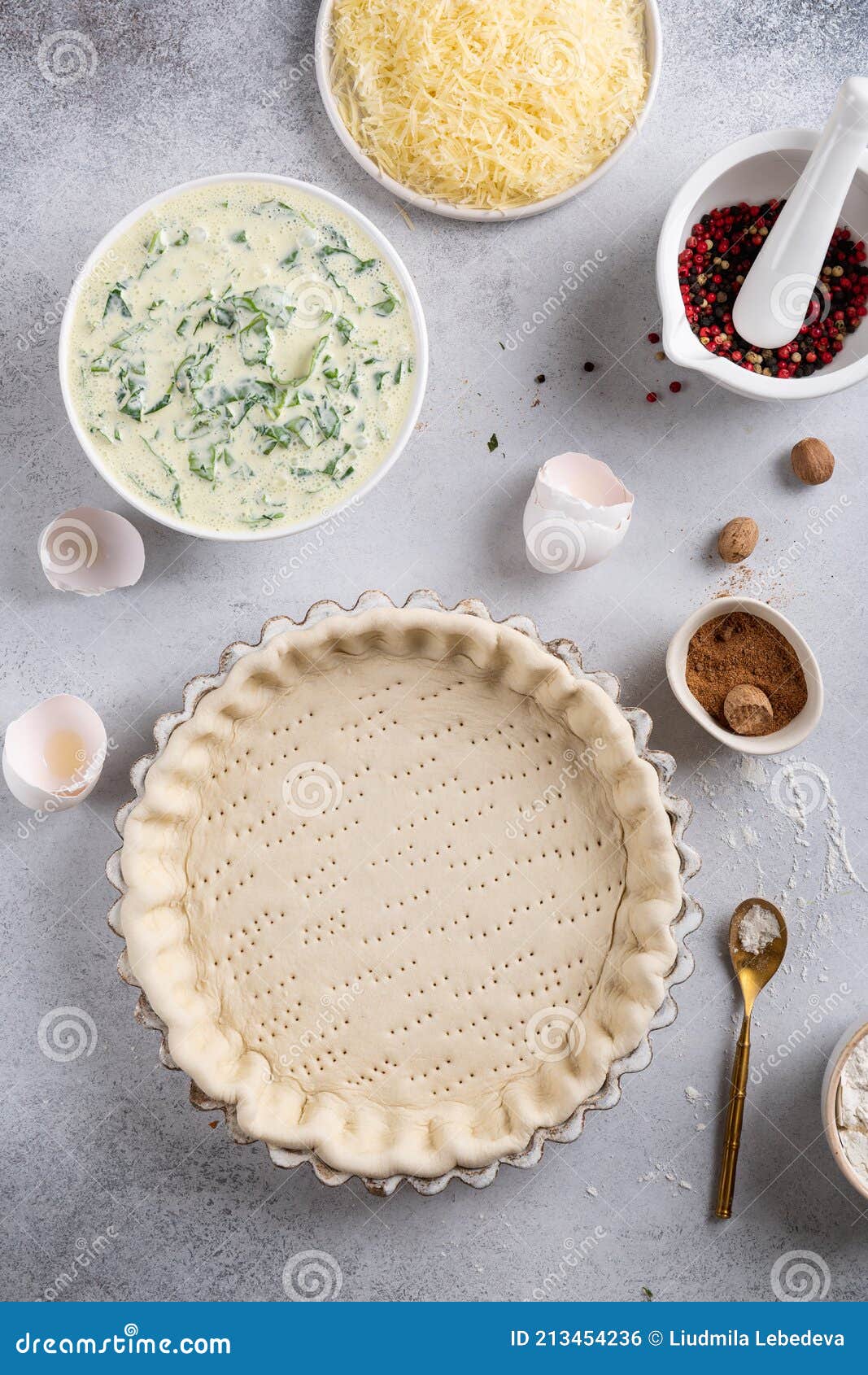 Dough for Baking Open Quiche Tart in Ceramic Form. Cooking Process