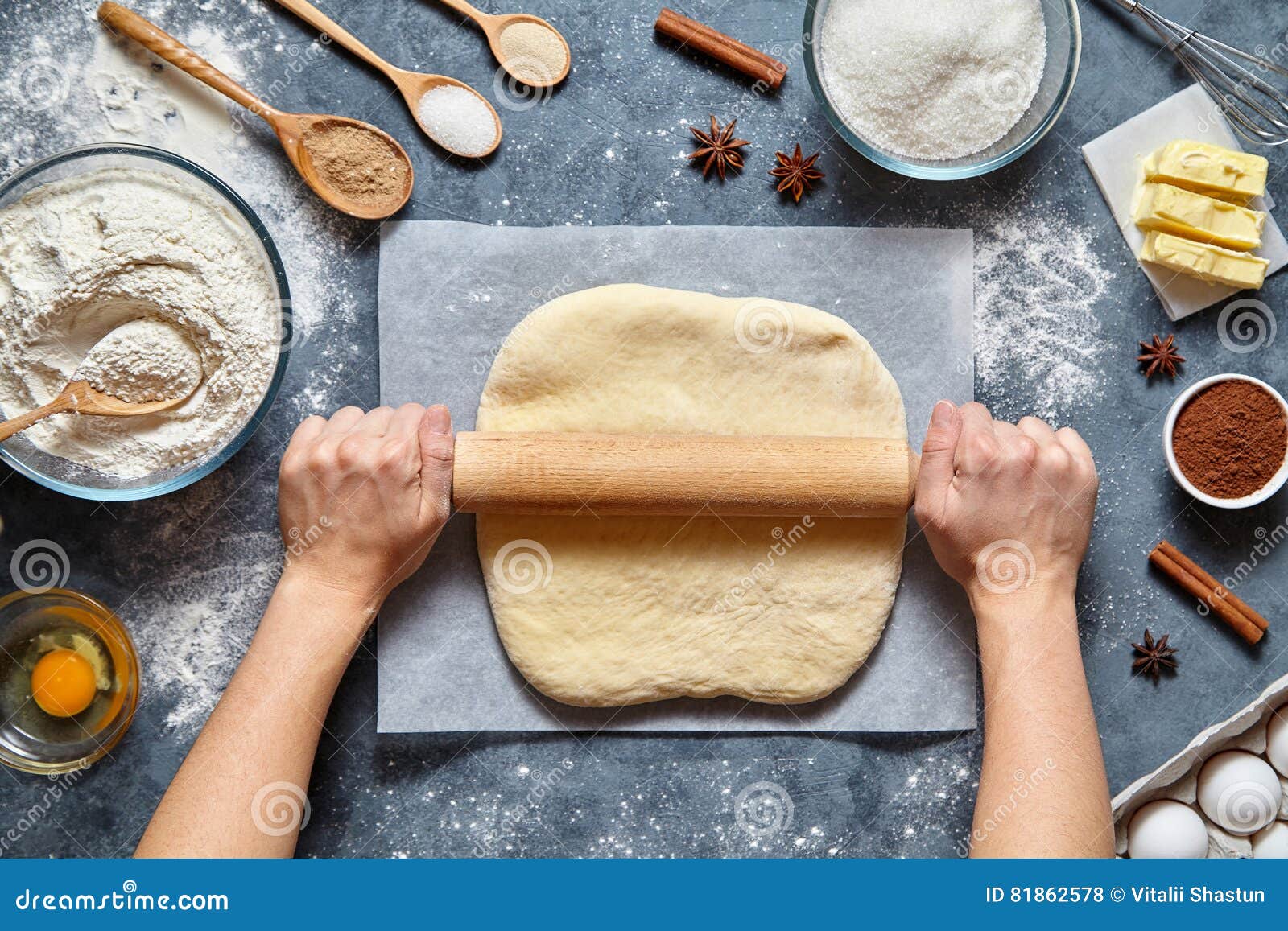 dough bread, pizza or pie recipe homemade preparation. female chef cook hands rolling with pin