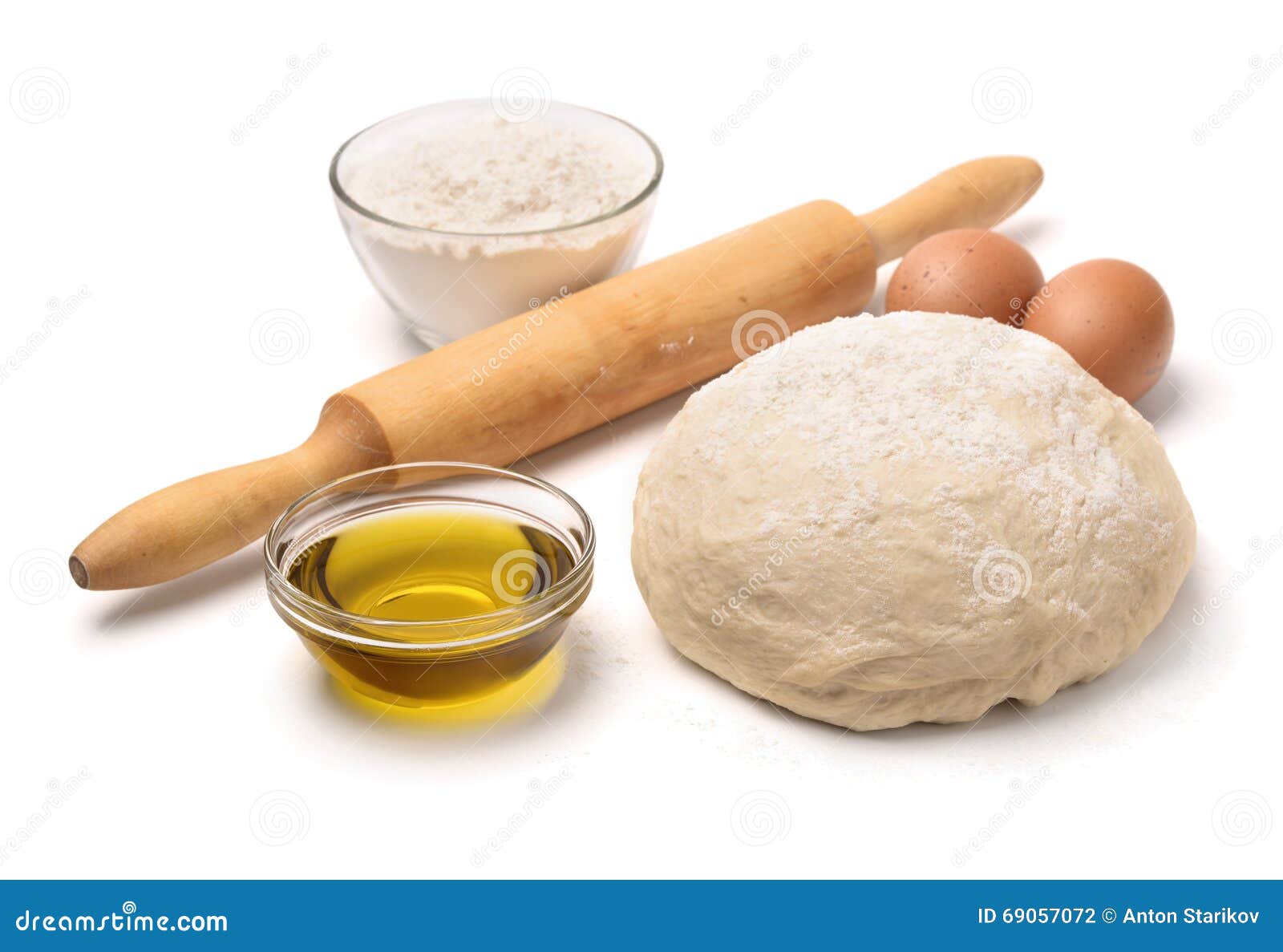 Dough with Flour, Olive Oil, Eggs and Rolling Pin Stock Photo Image