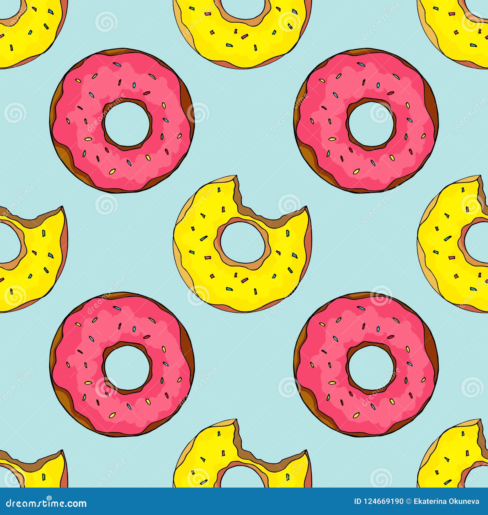Doughnuts Seamless Pattern. Bright Cartoon Illustration for Children`s  Greeting Card Design, Menu, Fabric and Wallpaper. Stock Vector -  Illustration of donut, bakery: 124669190