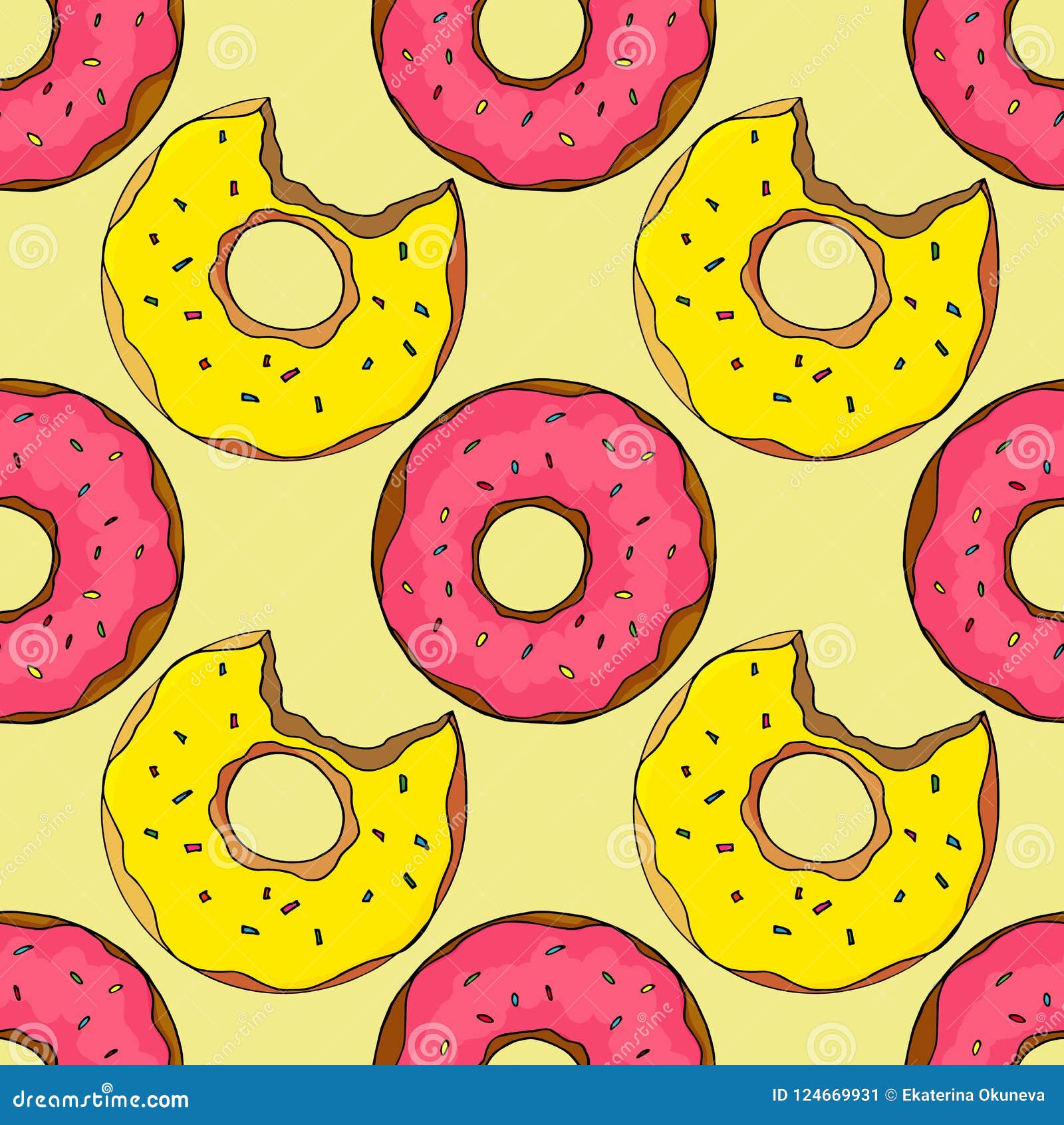 Doughnuts Seamless Pattern. Bright Cartoon Illustration for Children`s  Greeting Card Design, Menu, Fabric and Wallpaper. Stock Vector -  Illustration of donuts, snack: 124669931