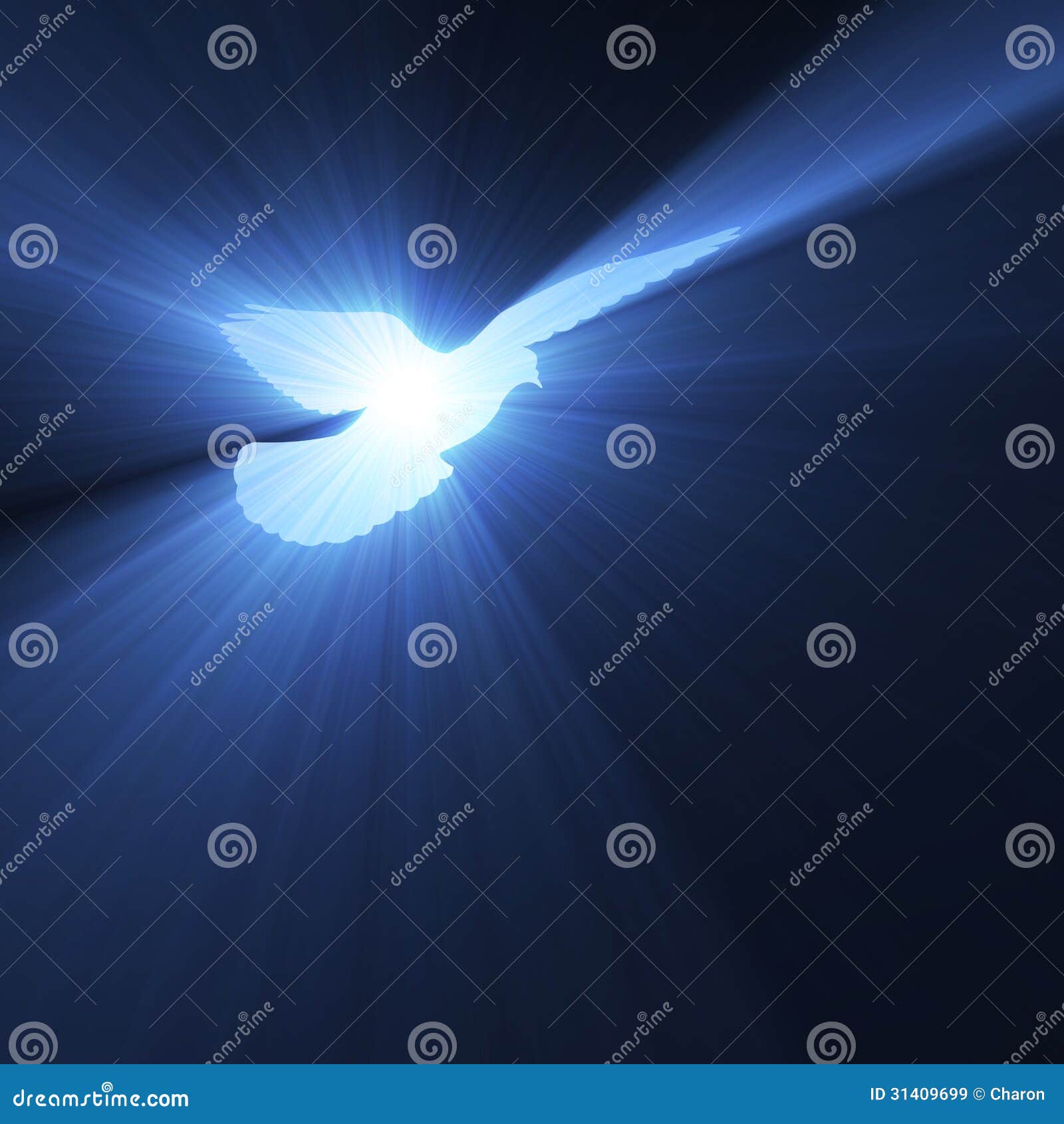 dove flying with holy light flares