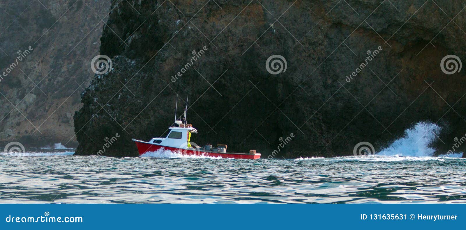 down east style lobster boat at coche point off the coast of santa cruz island in the channel islands off the california coast usa