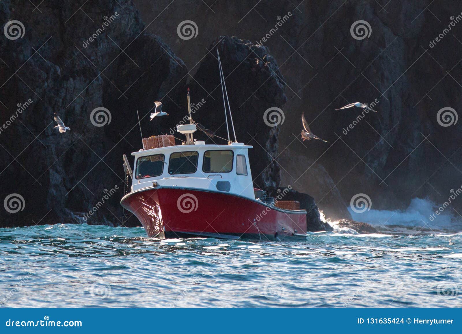 down east style lobster boat at coche point off the coast of santa cruz island in the channel islands off the california coast usa