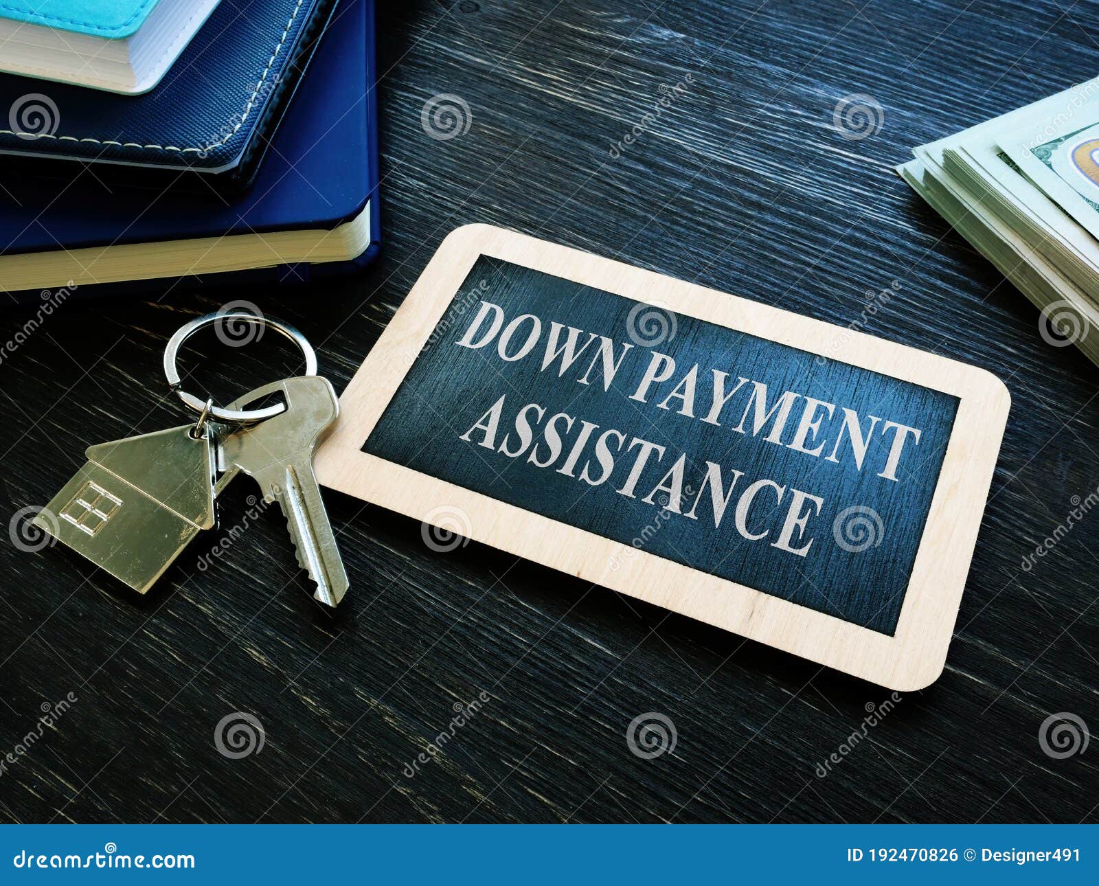 Down Payment Assistance Phrase and House Key. Stock Photo Image of
