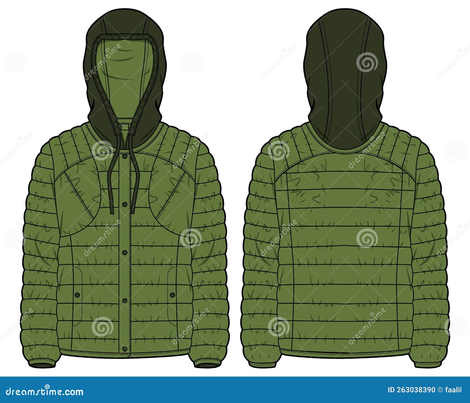 Down Puffa Hoodie Jacket Design Flat Sketch Illustration, Quilted ...