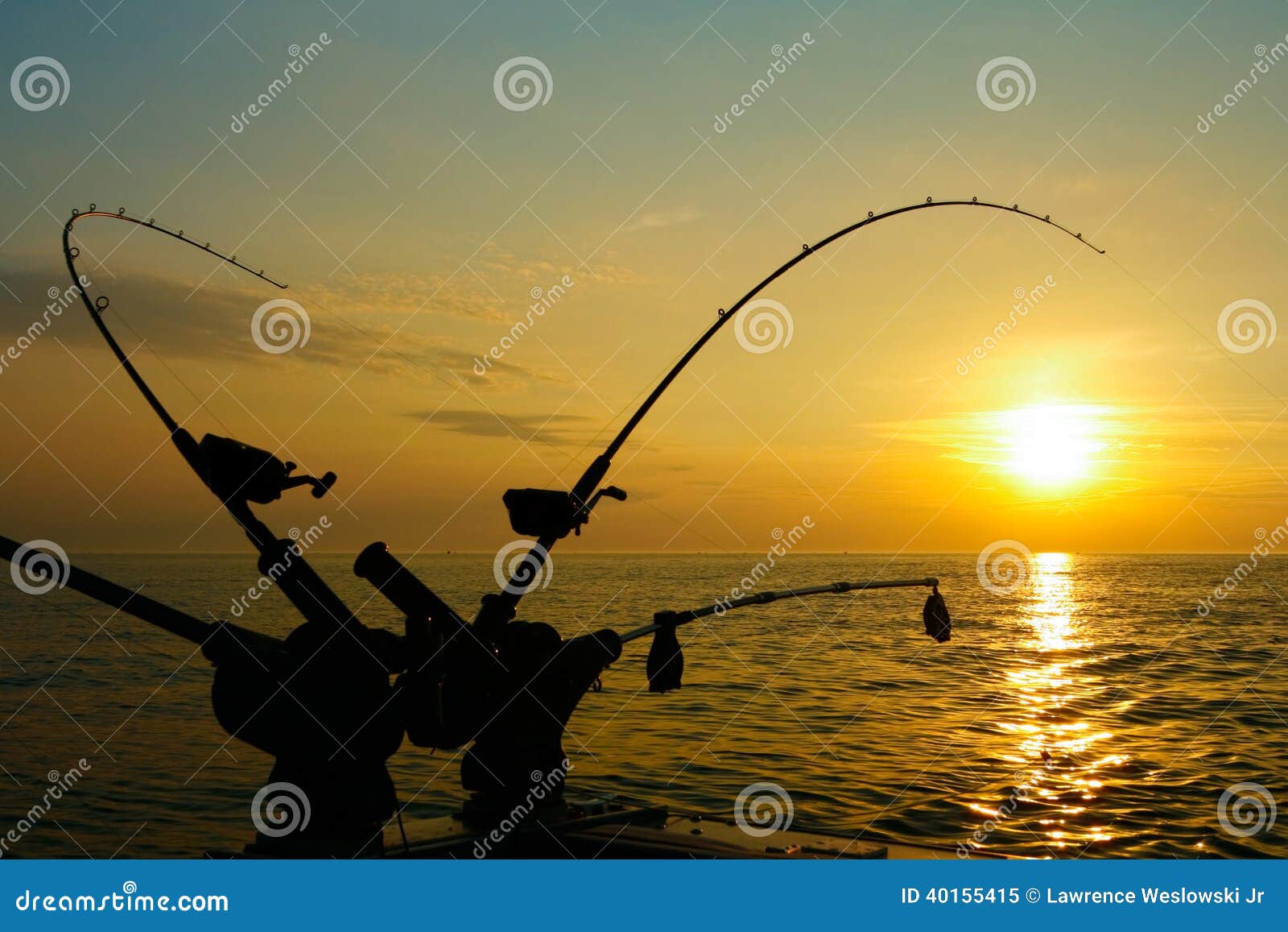 Downrigger Fishing Rods for Salmon at Sunrise Stock Image - Image