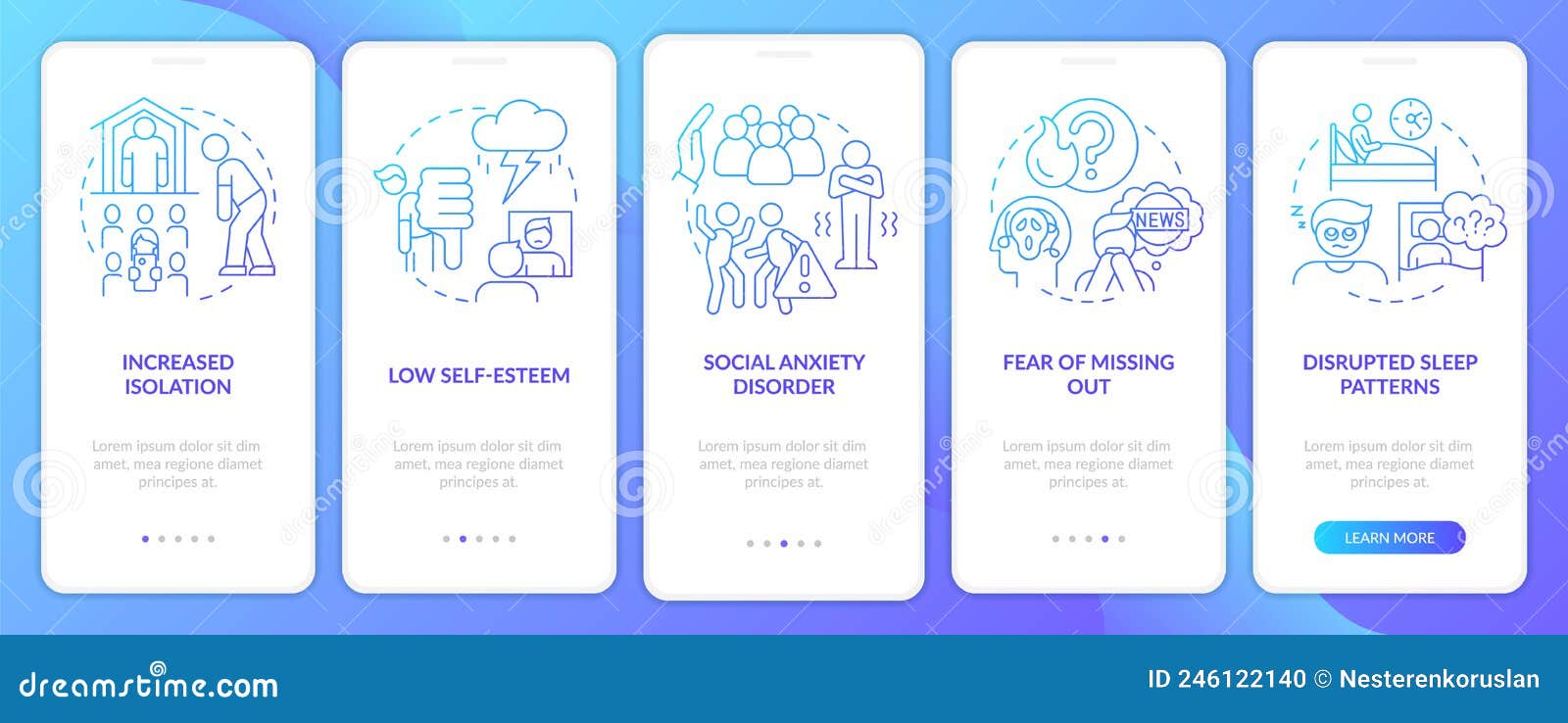 downsides of social media blue gradient onboarding mobile app screen