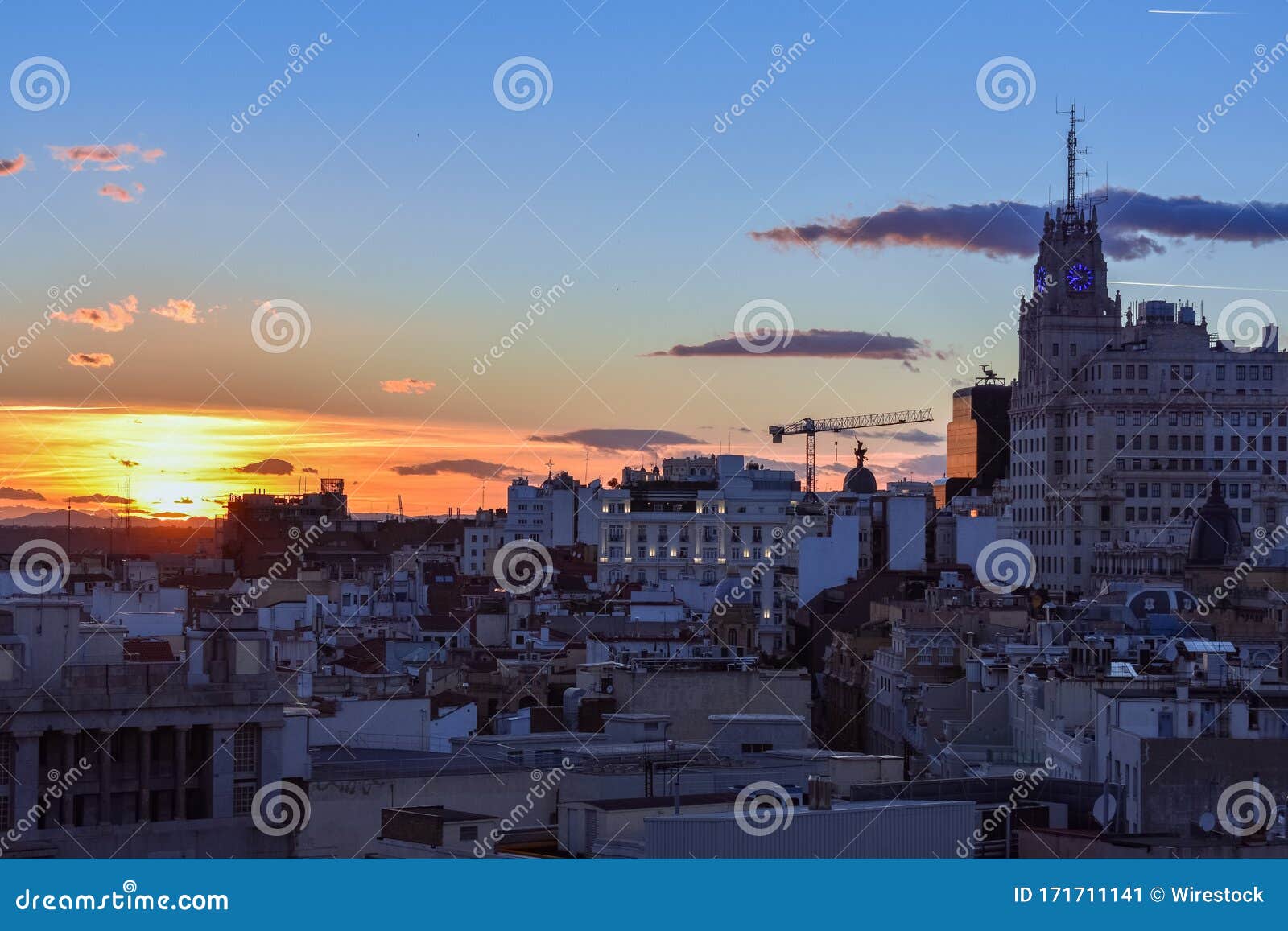downtown areal view of madrid from the circulo de bellas artes at sunset with colourful sky. madrid,