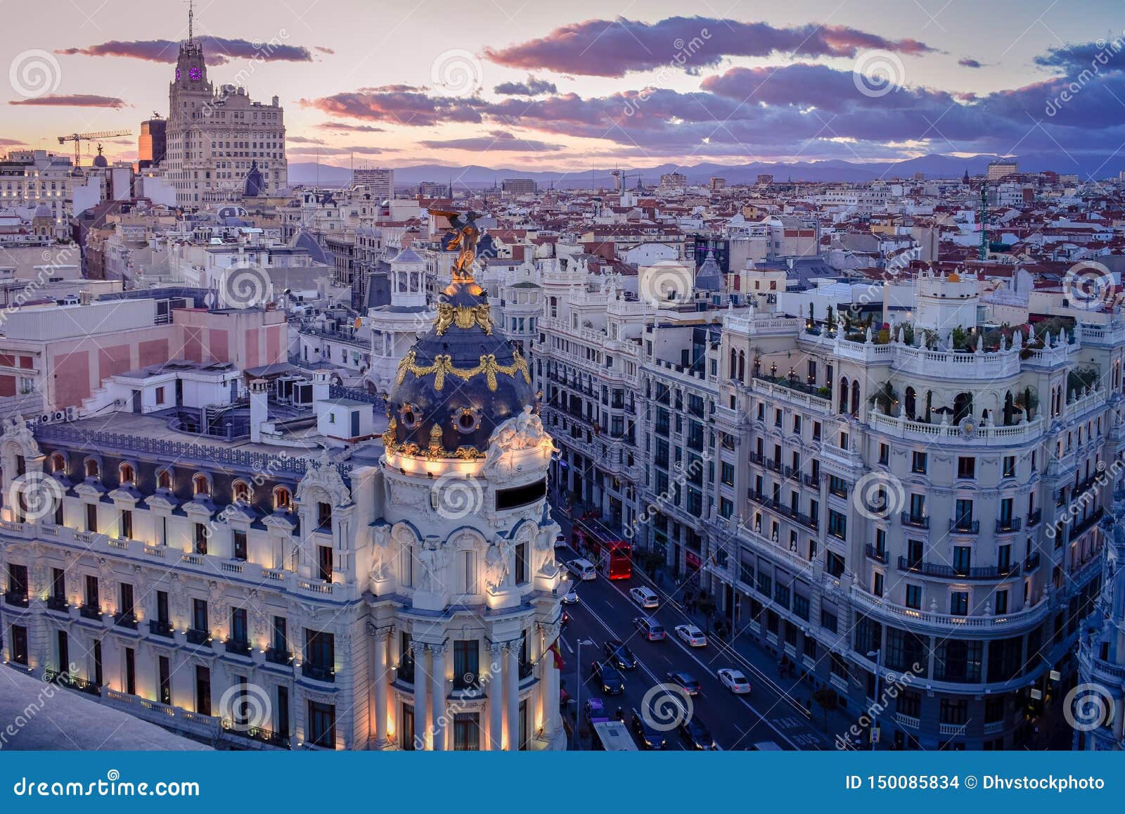 downtown areal view of madris from the circulo de bellas artes at sunset with colourful sky, spain