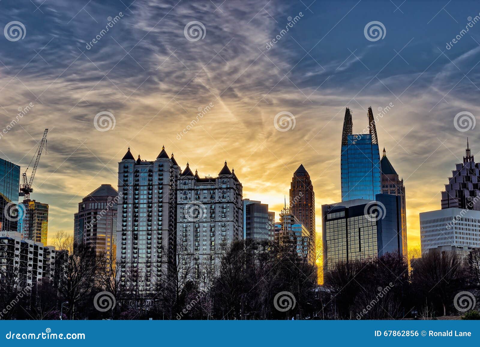 Downtown Atlanta Sunset with Buildings in the Foreground Stock Photo