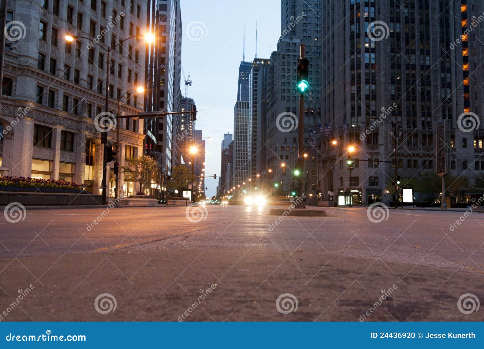 Downtown Chicago in the Early Morning with Lights and Architecture.