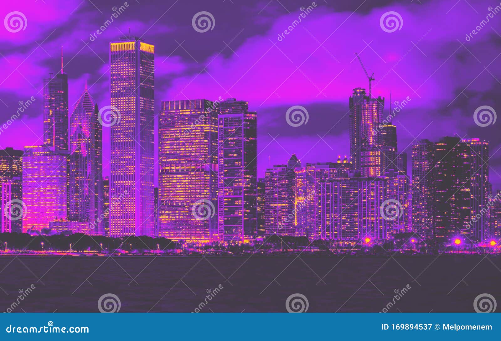 downtown chicago cityscape skyline at night 1980`s retro style