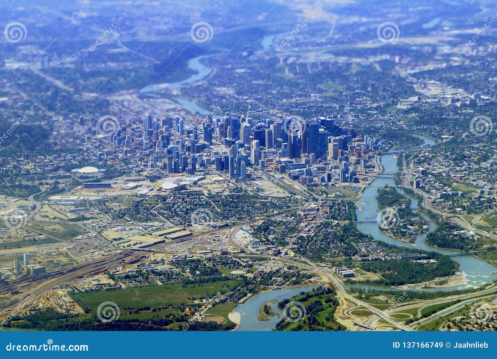 downtown calgary and bow river valley aerial view, alberta, canada